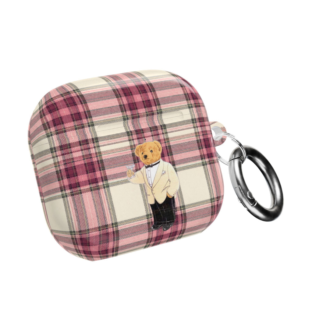 Tartan plaid AirPods case with teddy bear artwork and metal carabiner clip