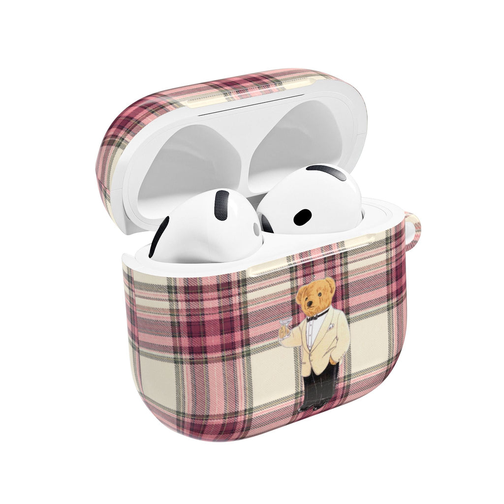 Plaid tartan AirPods case with teddy bear print, open lid showing earbuds