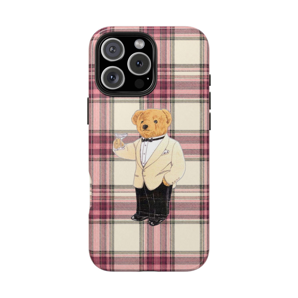 Tartan plaid phone case with teddy bear portrait and suit, pink and beige