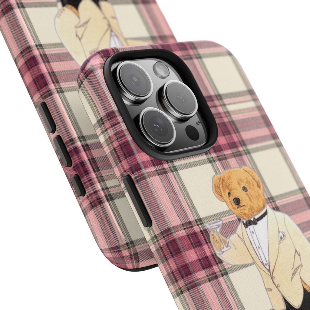 Tilted view of tartan plaid phone case with teddy bear artwork and camera cutouts