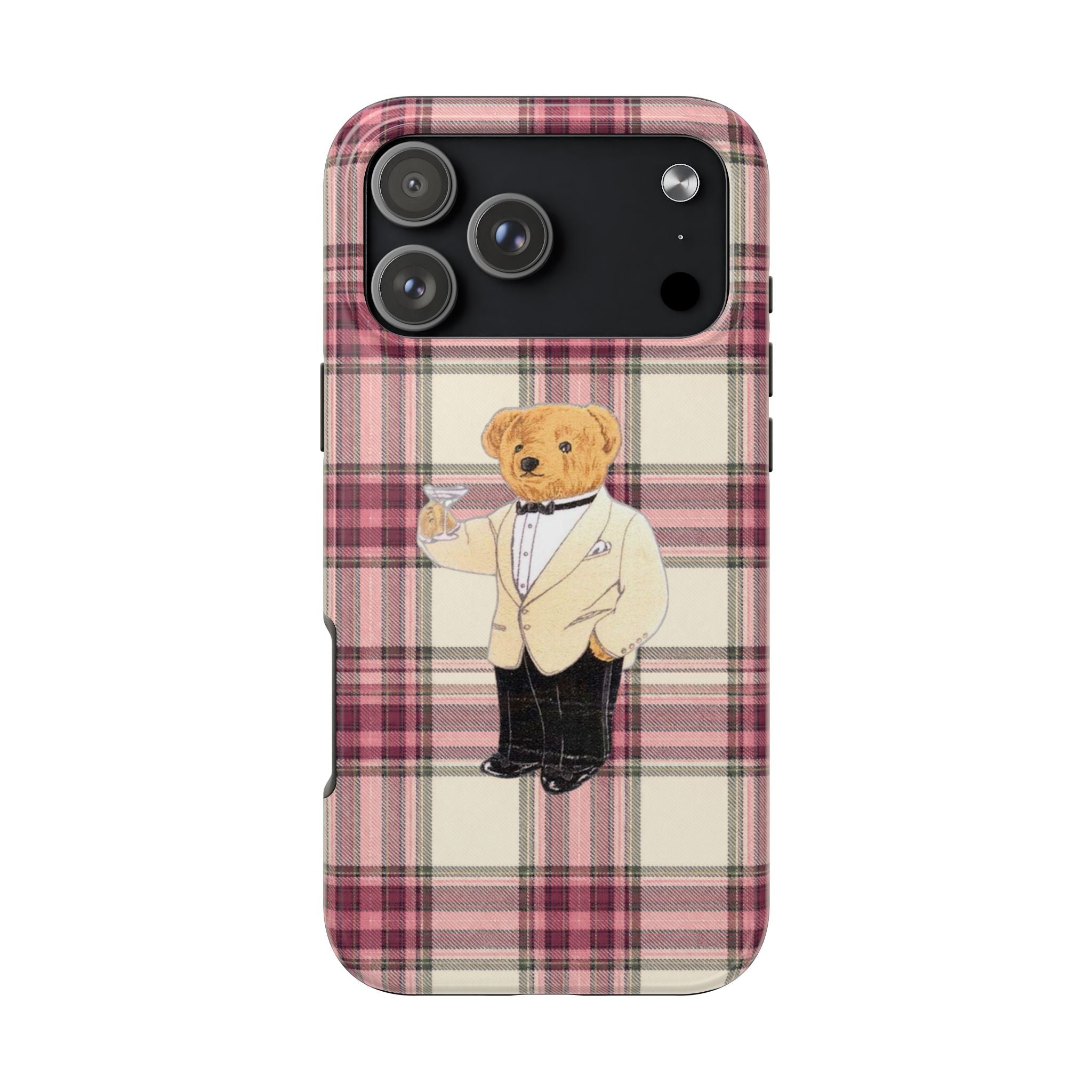 Beige plaid phone case with pink tartan pattern and teddy bear in a suit