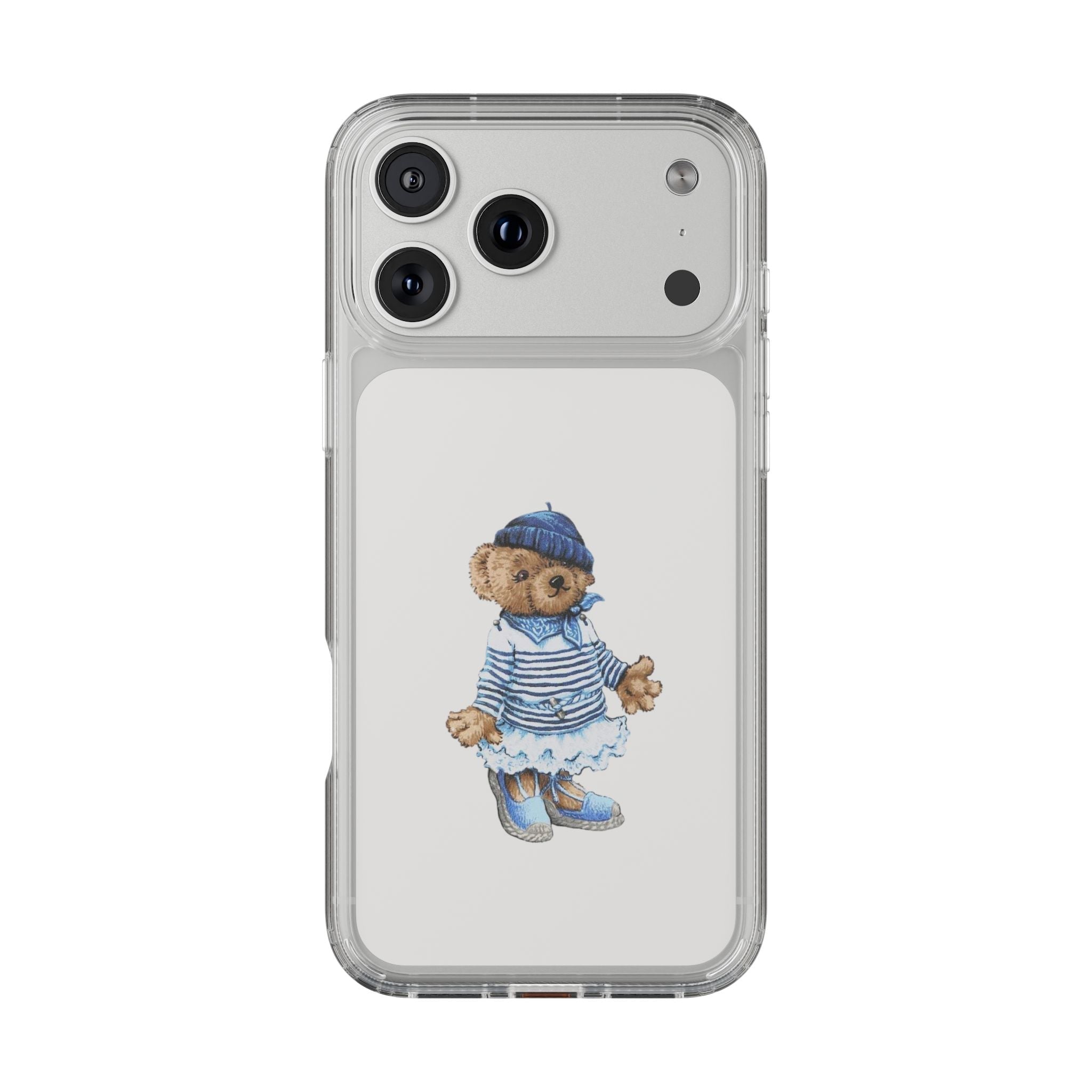 Transparent phone case back with sailor teddy bear graphic, cutouts for triple cameras