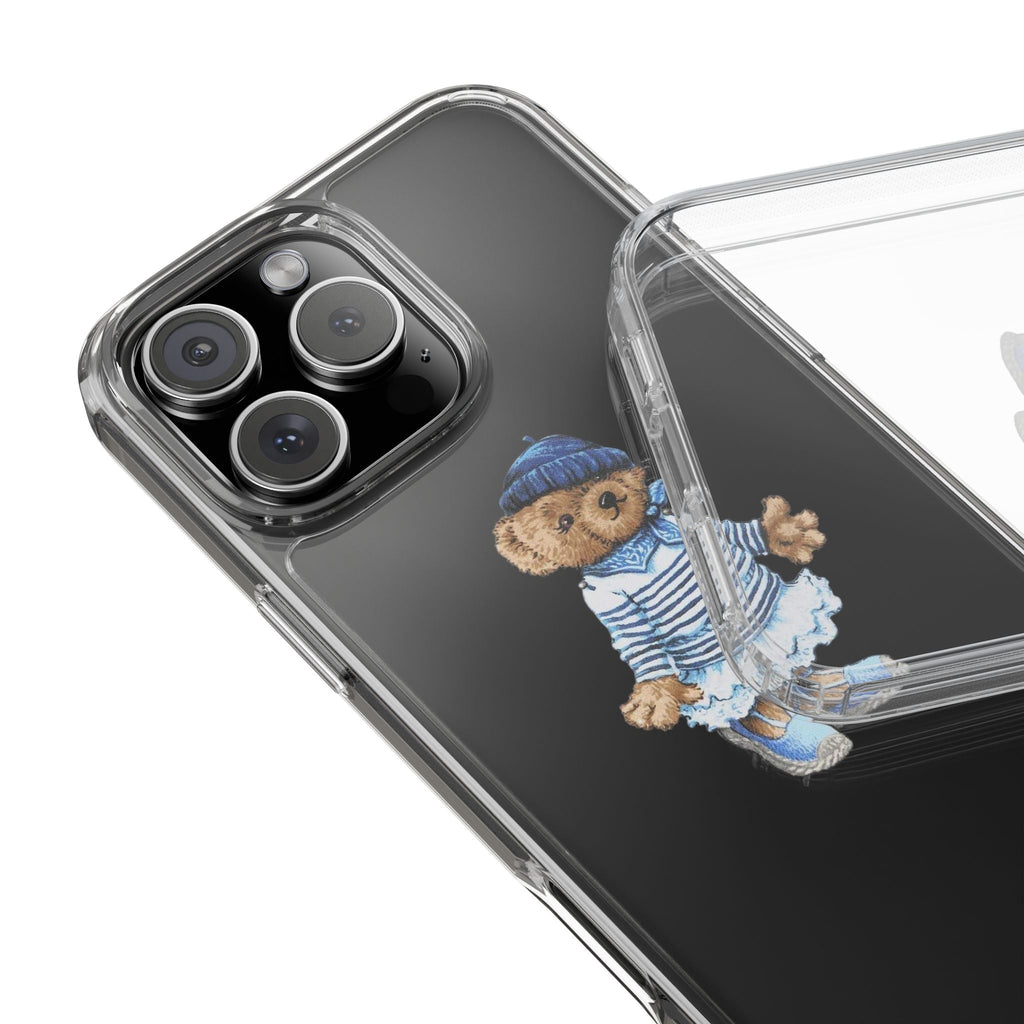 Clear phone case with sailor bear graphic on dark back, raised camera protection