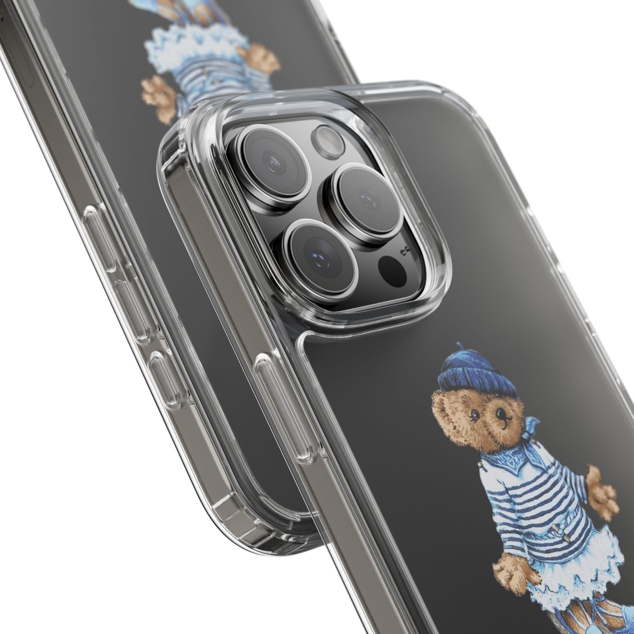 Clear phone case corner view with sailor teddy bear in blue striped outfit, camera lenses covered