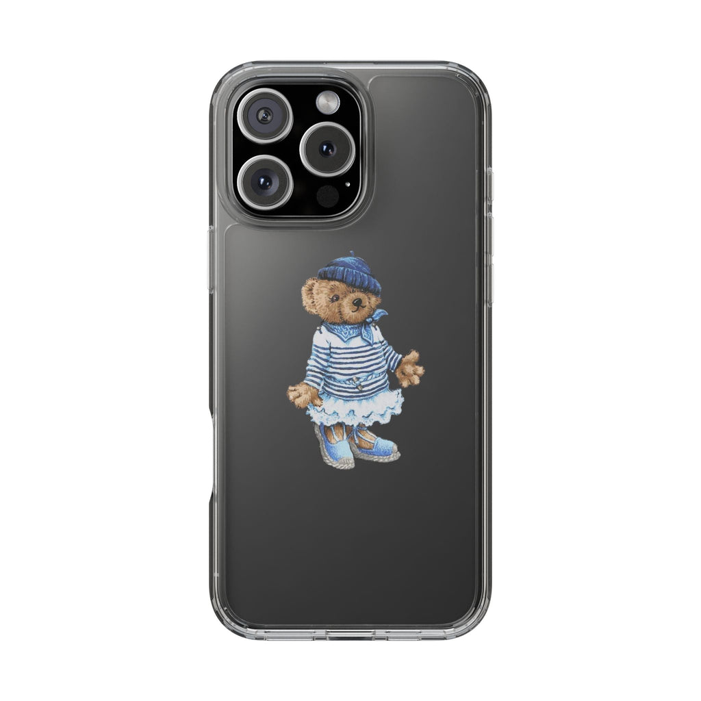 Clear back phone case featuring cartoon teddy bear sailor in blue stripes and boots