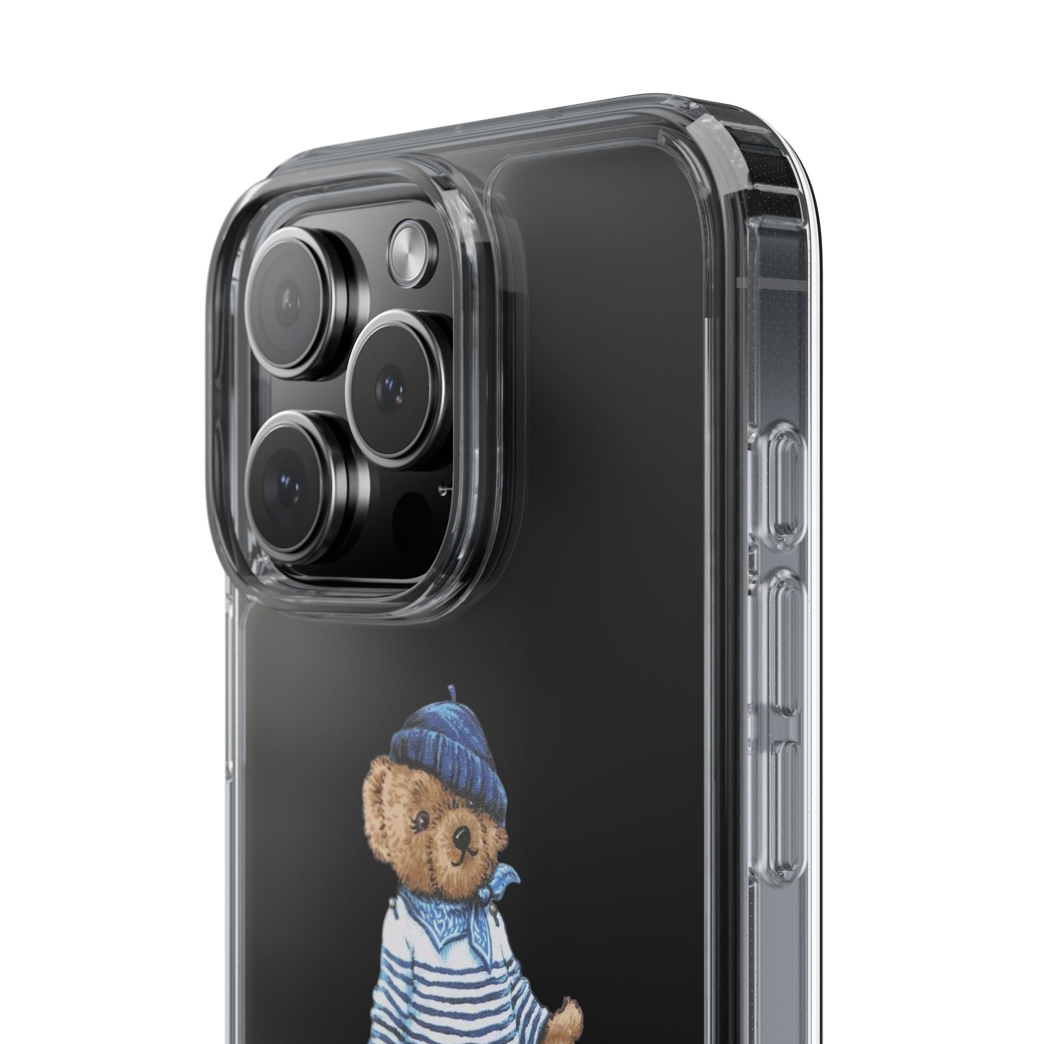 Transparent phone case with sailor bear design on back, side buttons and camera cutouts visible