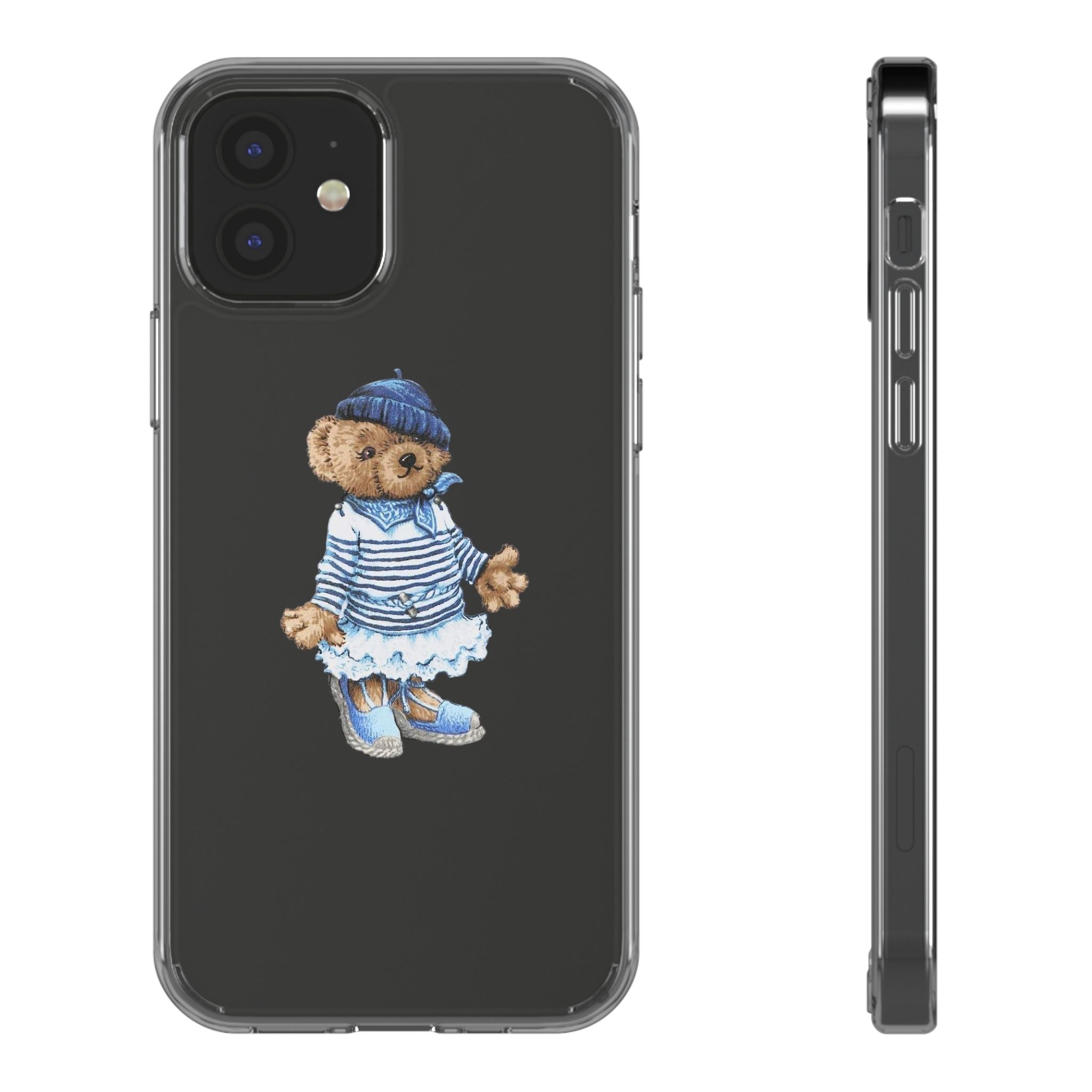 Clear phone case front and side profile, sailor teddy graphic on dark back panel