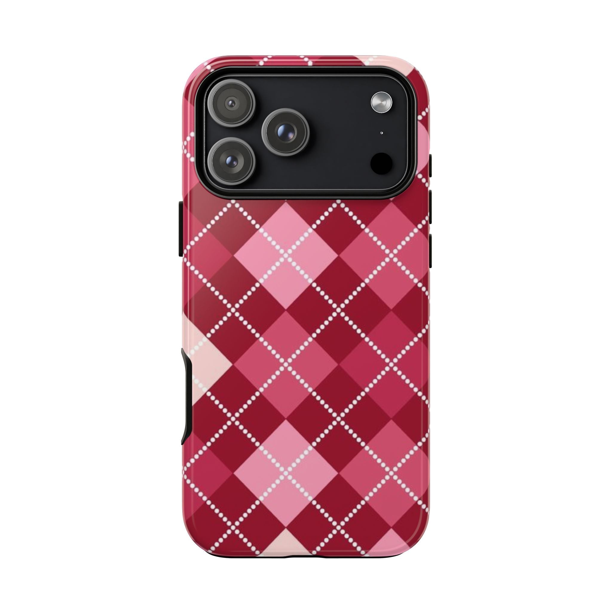 Pink argyle phone case with white lattice dots, black camera cutout, slim profile