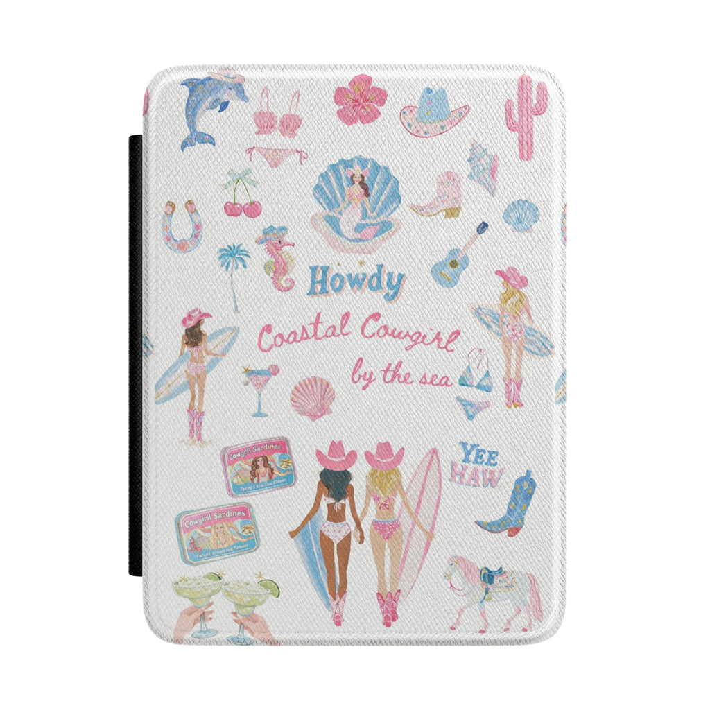 Coastal cowgirl hardcover Kindle case with colorful beach icons and “Howdy” text
