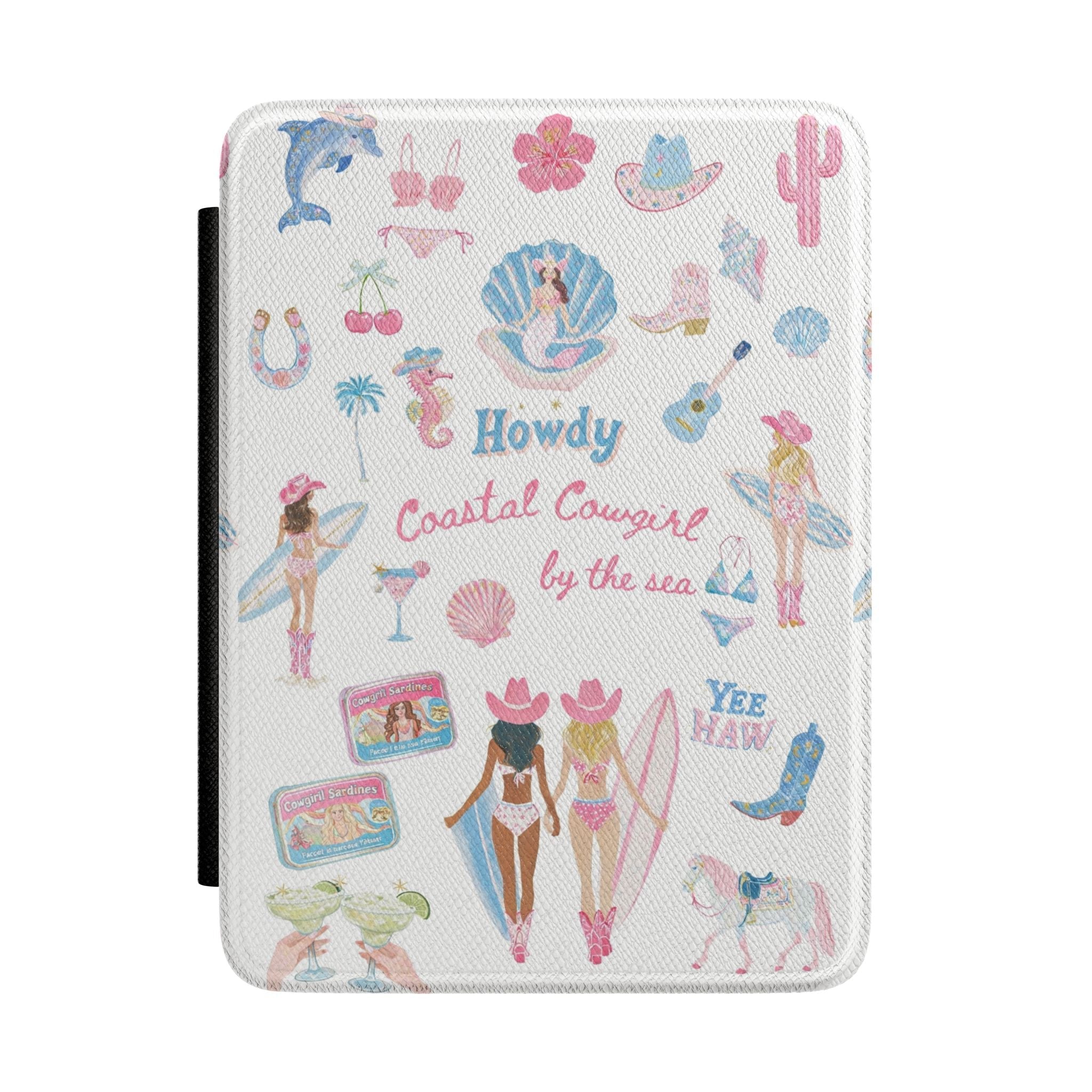 Coastal cowgirl hardcover Kindle case with colorful beach icons and “Howdy” text