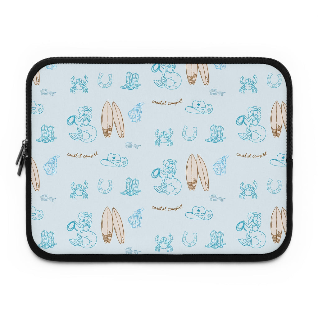 Coastal cowgirl neoprene tablet/laptop sleeve, light base with teal and brown motifs
