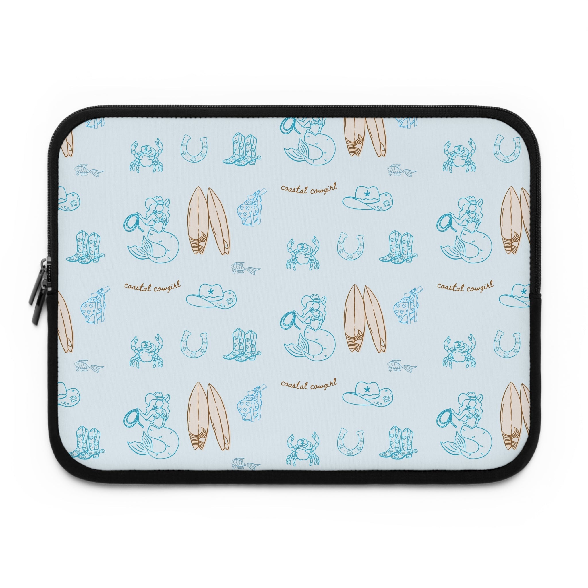 Coastal cowgirl neoprene tablet/laptop sleeve, light base with teal and brown motifs