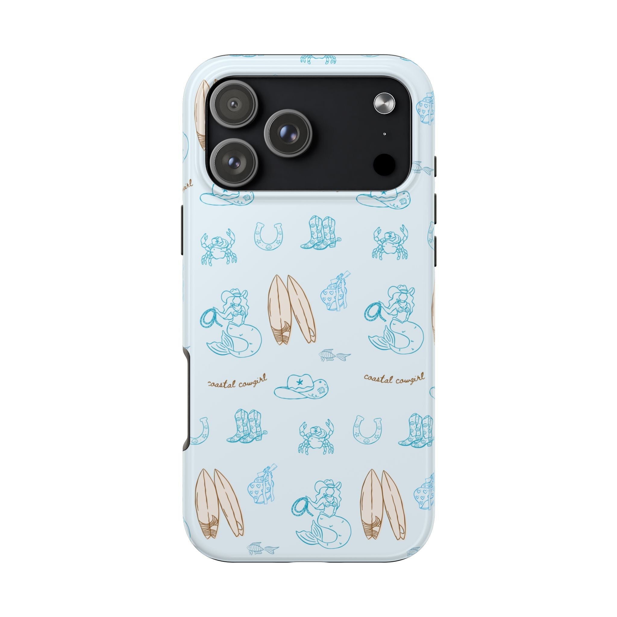 Light blue coastal cowgirl phone case with allover sea-cow and surfboard icons
