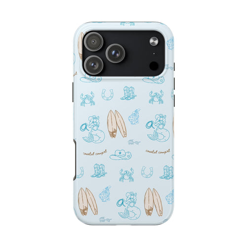 Light blue coastal cowgirl phone case with allover sea-cow and surfboard icons
