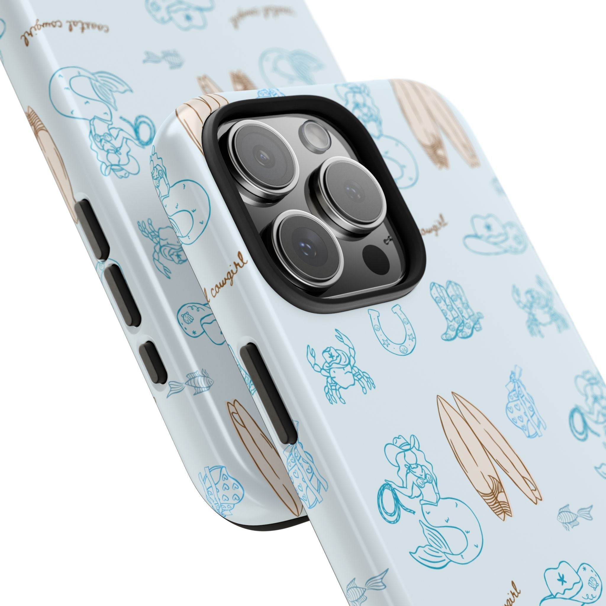 Coastal cowgirl phone case corner view with blue surfboard and boot pattern, camera cutouts