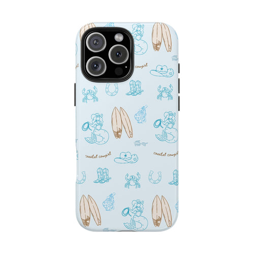 Light blue coastal cowgirl phone case with surfboards, boots, and mermaid cow sketches