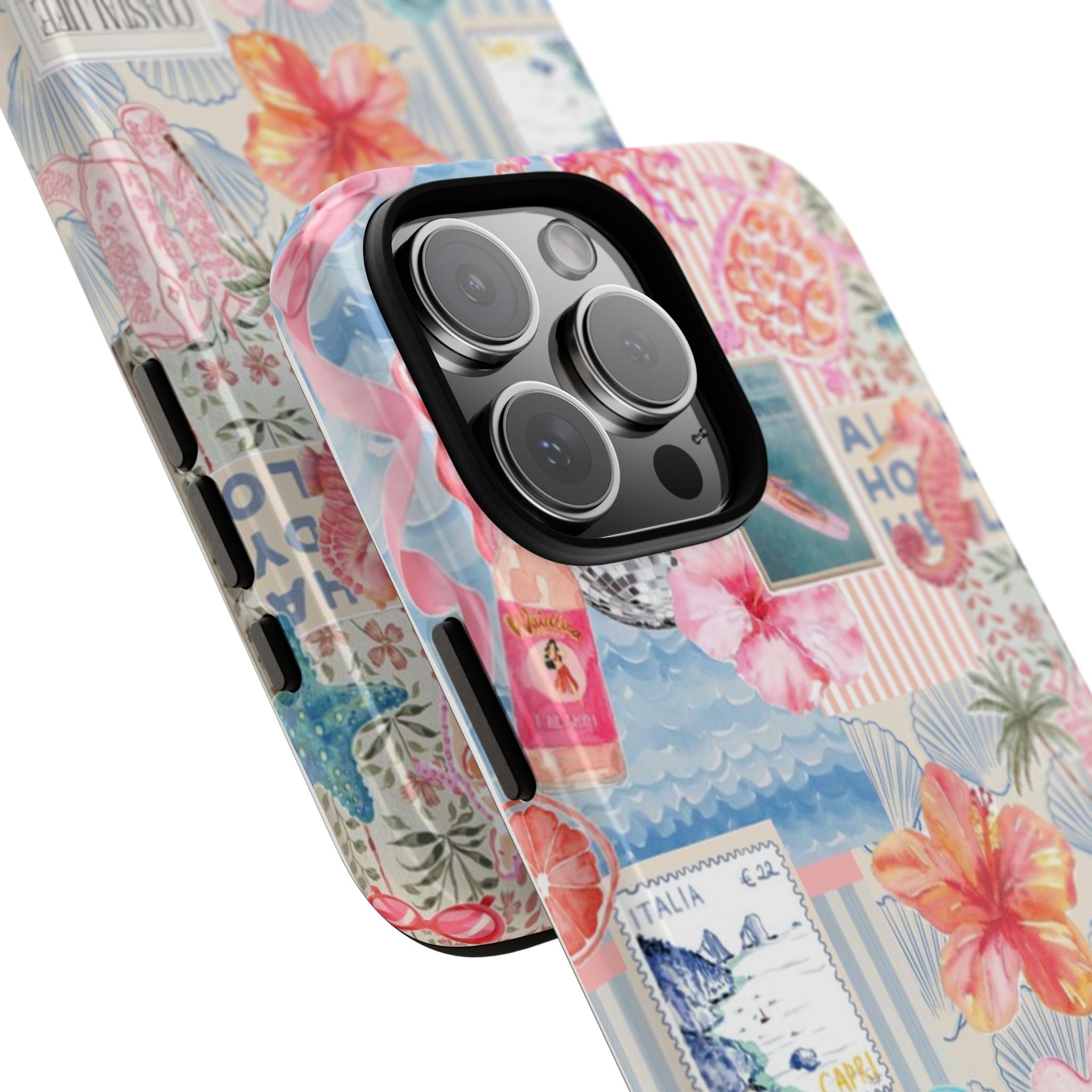 Phone case side angle showing raised camera lenses and tropical collage print