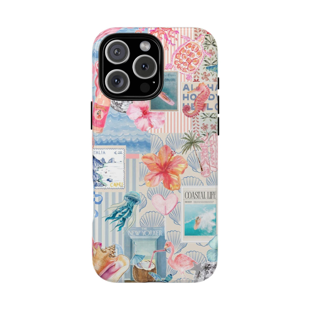 Coastal Life phone case, tropical collage print with camera cutouts