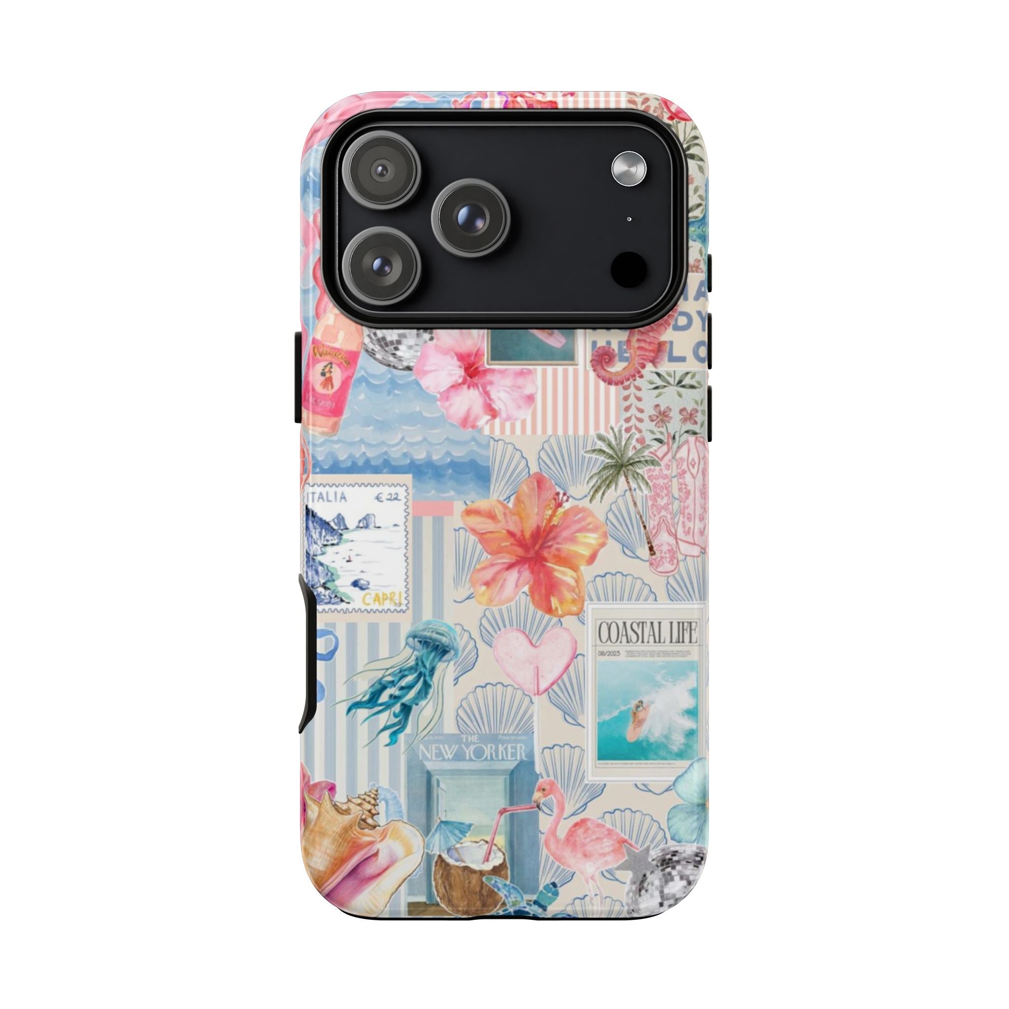 Phone case back view with black camera panel and pink-blue tropical collage artwork