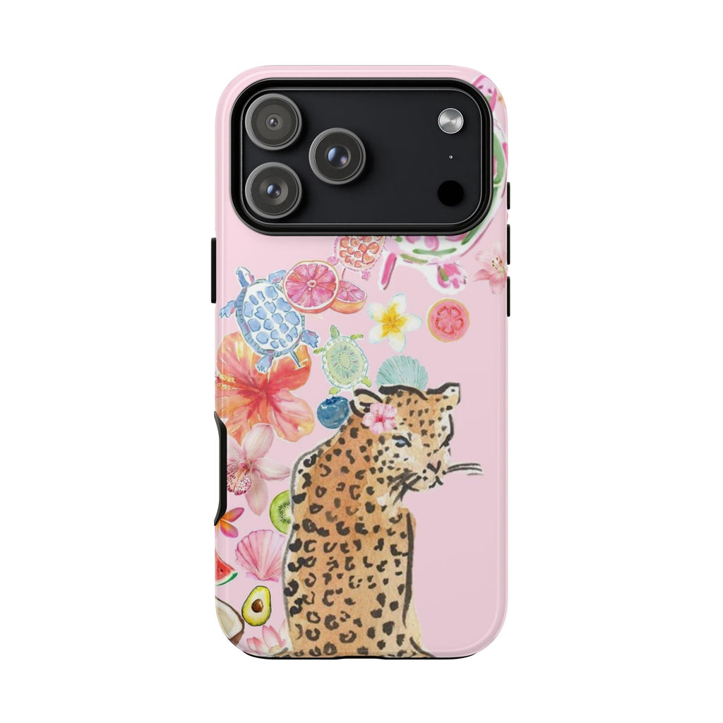 Coastal wild leopard phone case with pink background, sea animals, and tropical flowers
