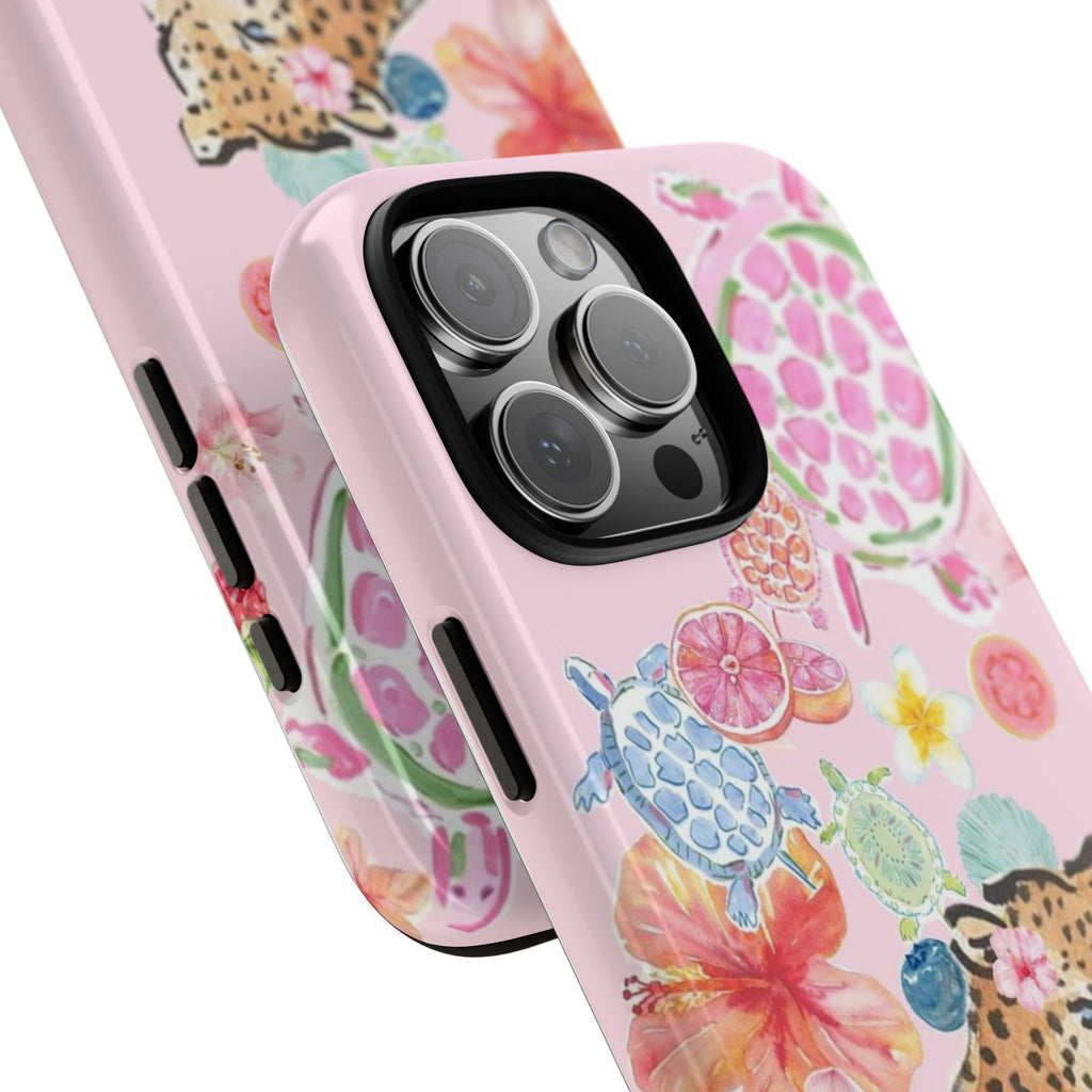 Coastal wild leopard phone case, side view with sea turtle, flowers, and camera cutouts