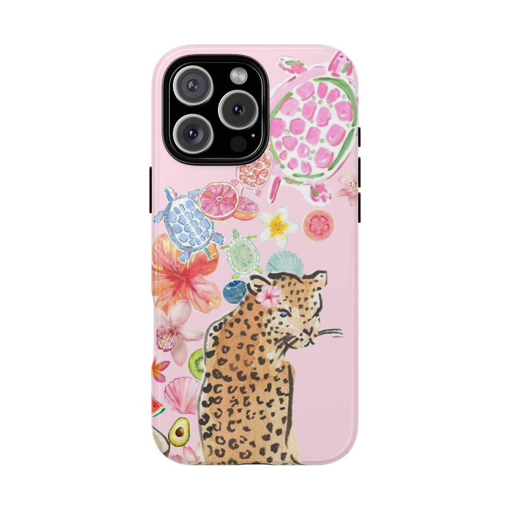 Wild leopard print phone case with pink-and-coral sea creatures and floral accents