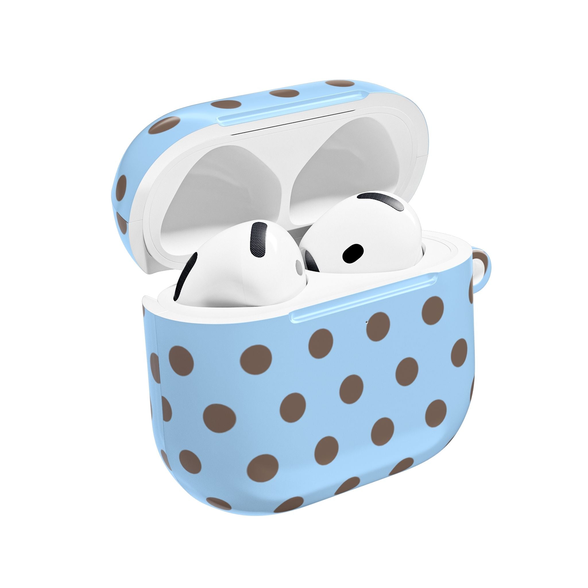 Blue AirPods case with brown polka dots, open lid showing earbuds