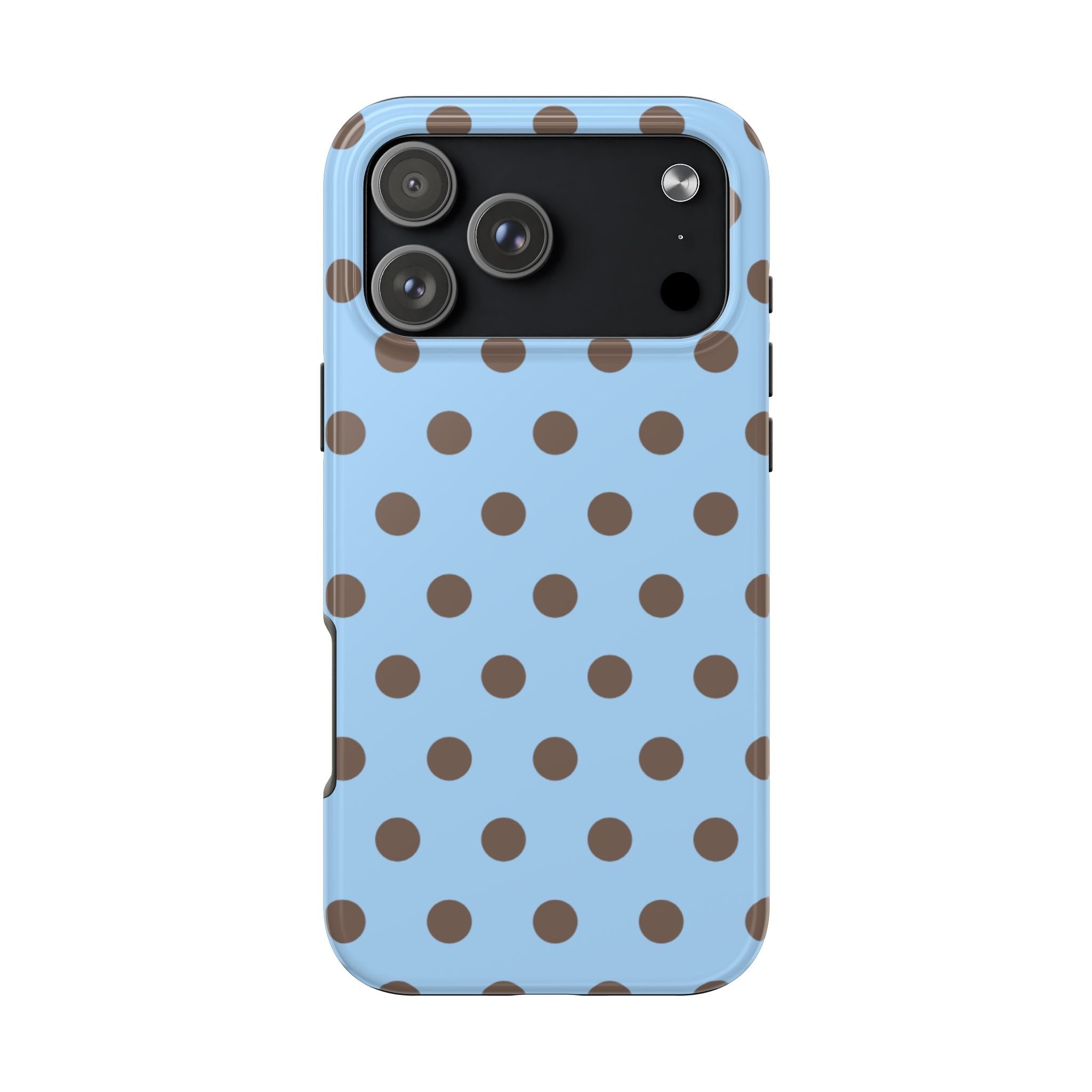 Light blue phone case with brown polka dots, front cutouts and camera openings