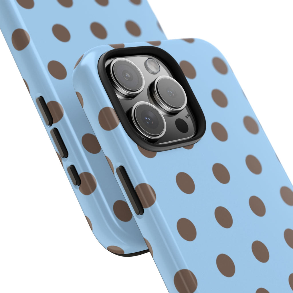 Side view of light blue phone case with brown polka dots and camera bump cutout