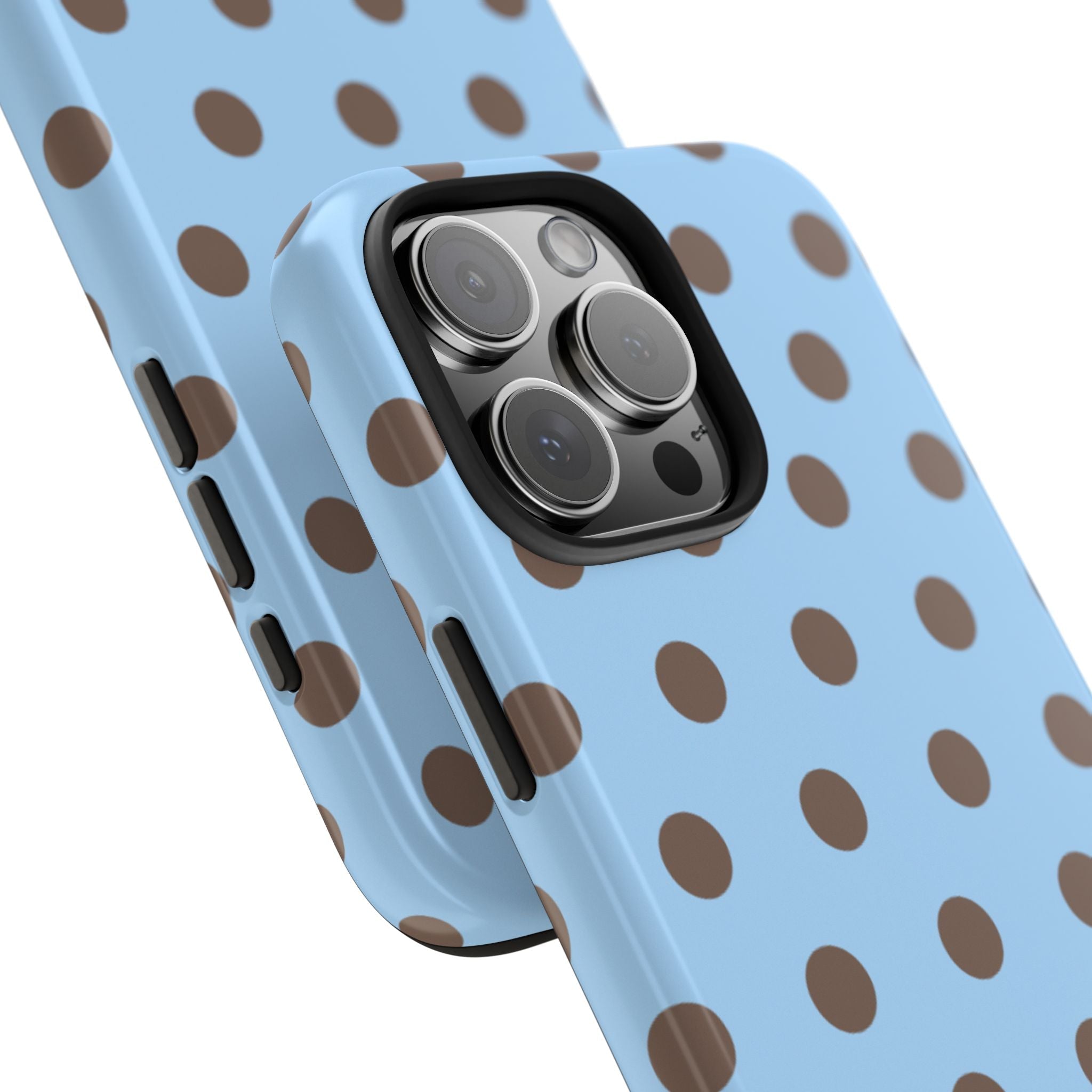 Side view of light blue phone case with brown polka dots and camera bump cutout