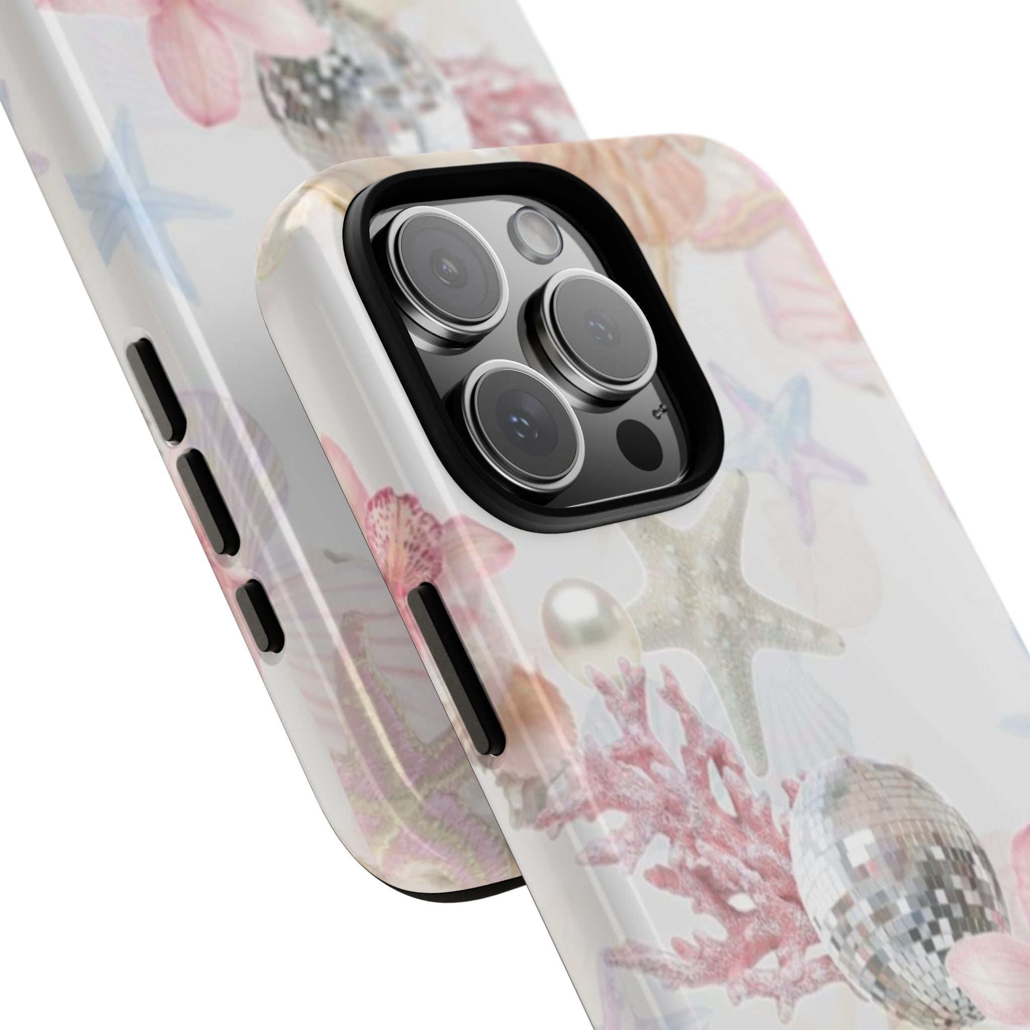 Close-up angled view of shell and starfish phone case design with pink floral accents