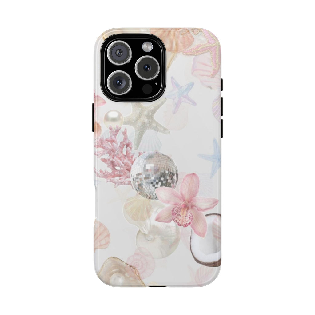 Ocean-themed phone case with starfish, seashells, and pink flowers on a light background