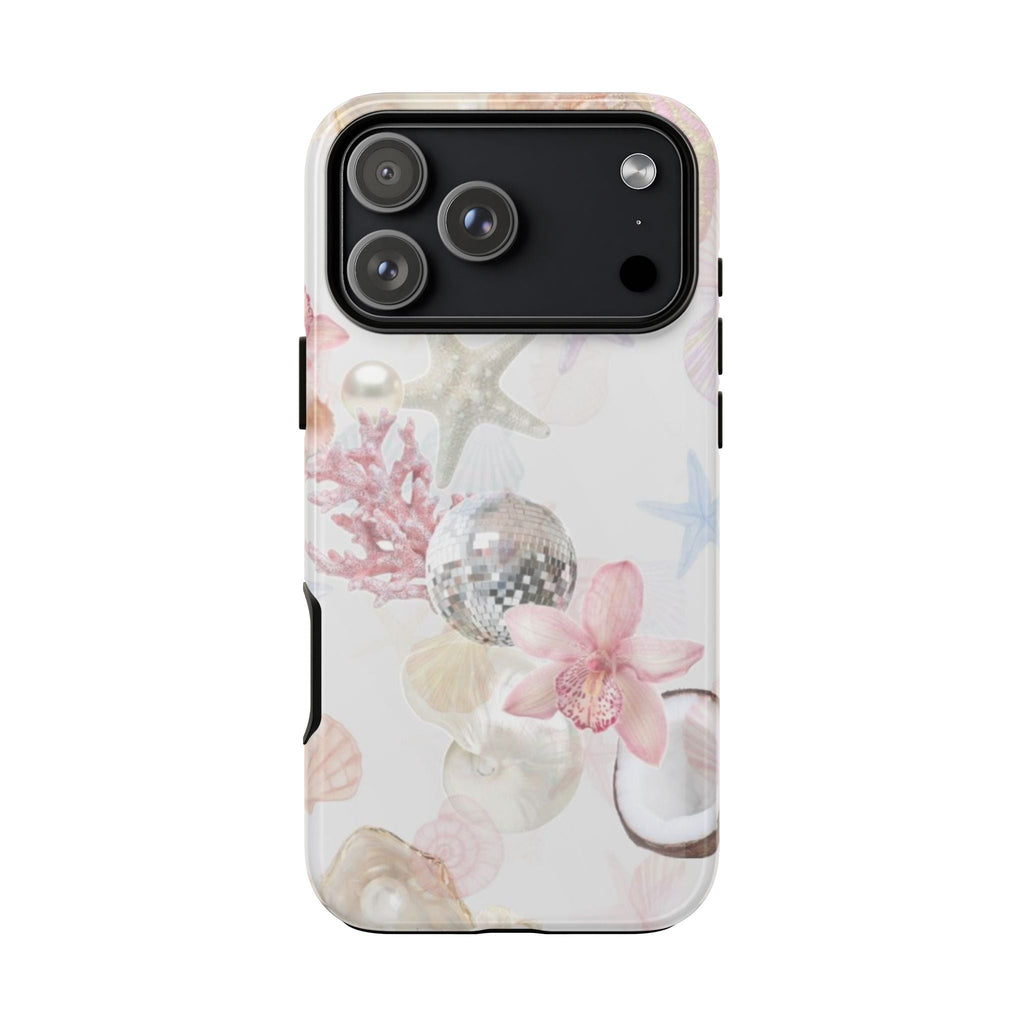 Seashell and starfish phone case with pink orchid and pastel tones around the camera cutout