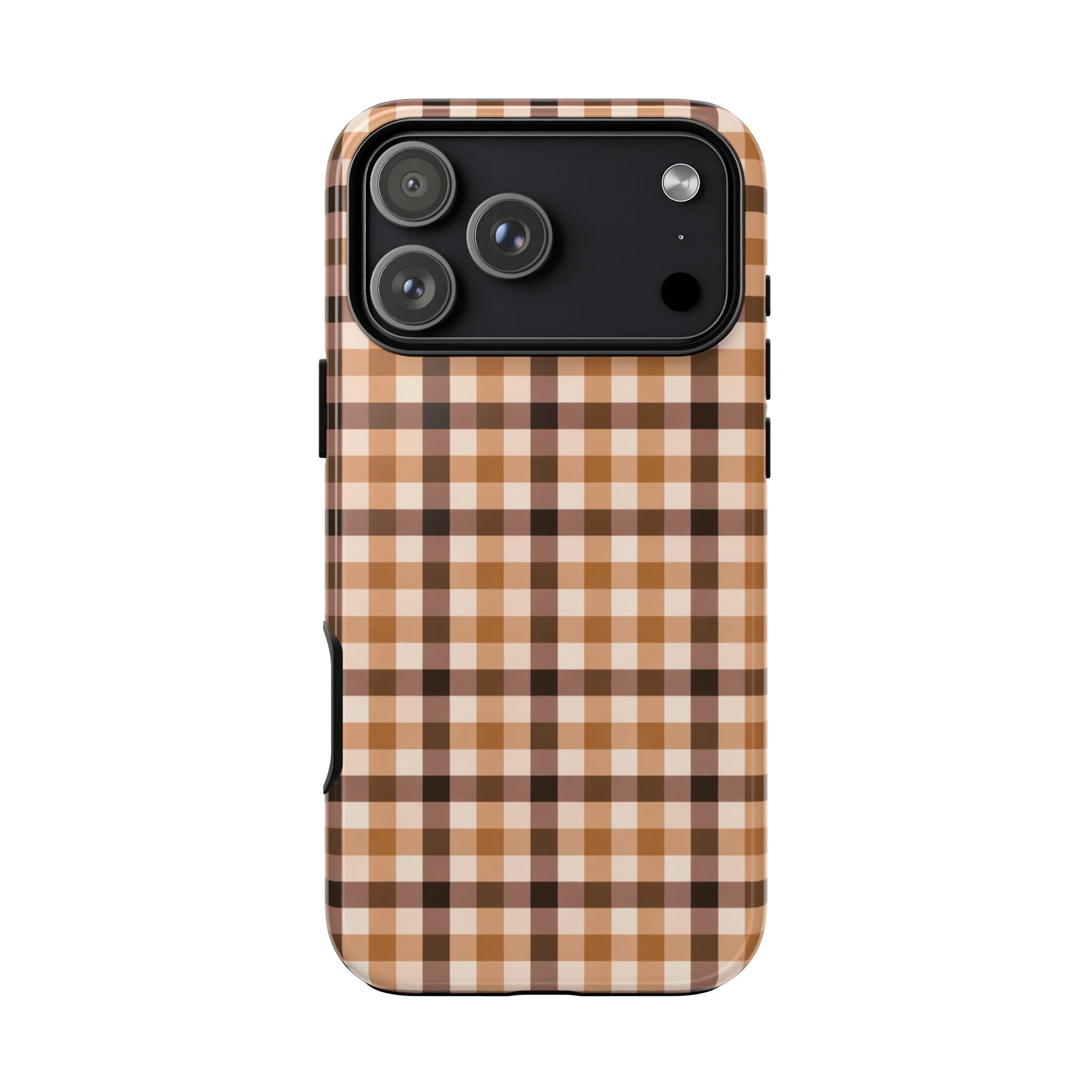 Coffee brown gingham phone case with camera window and slim side edges