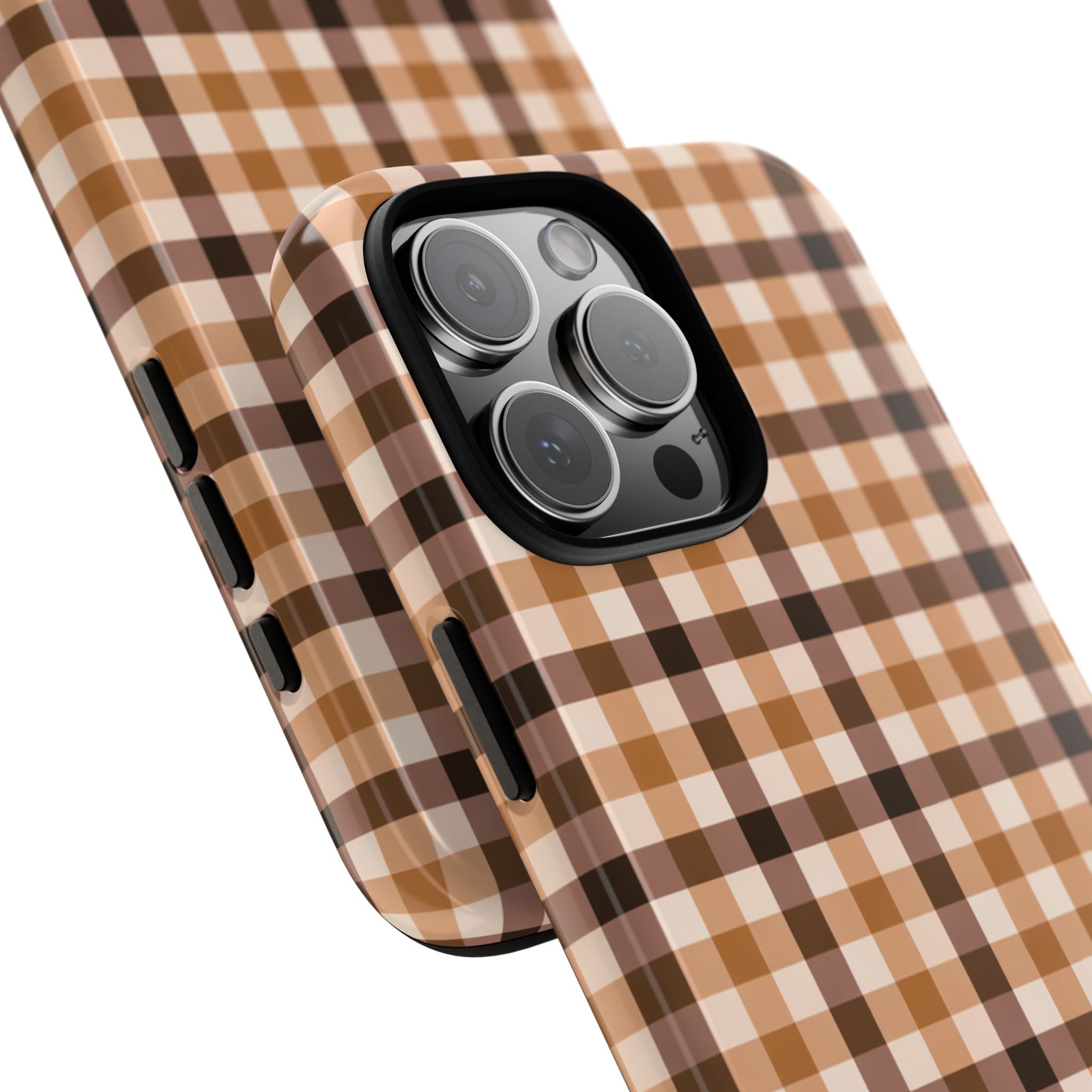 Coffee brown gingham phone case showing raised camera lenses and plaid back