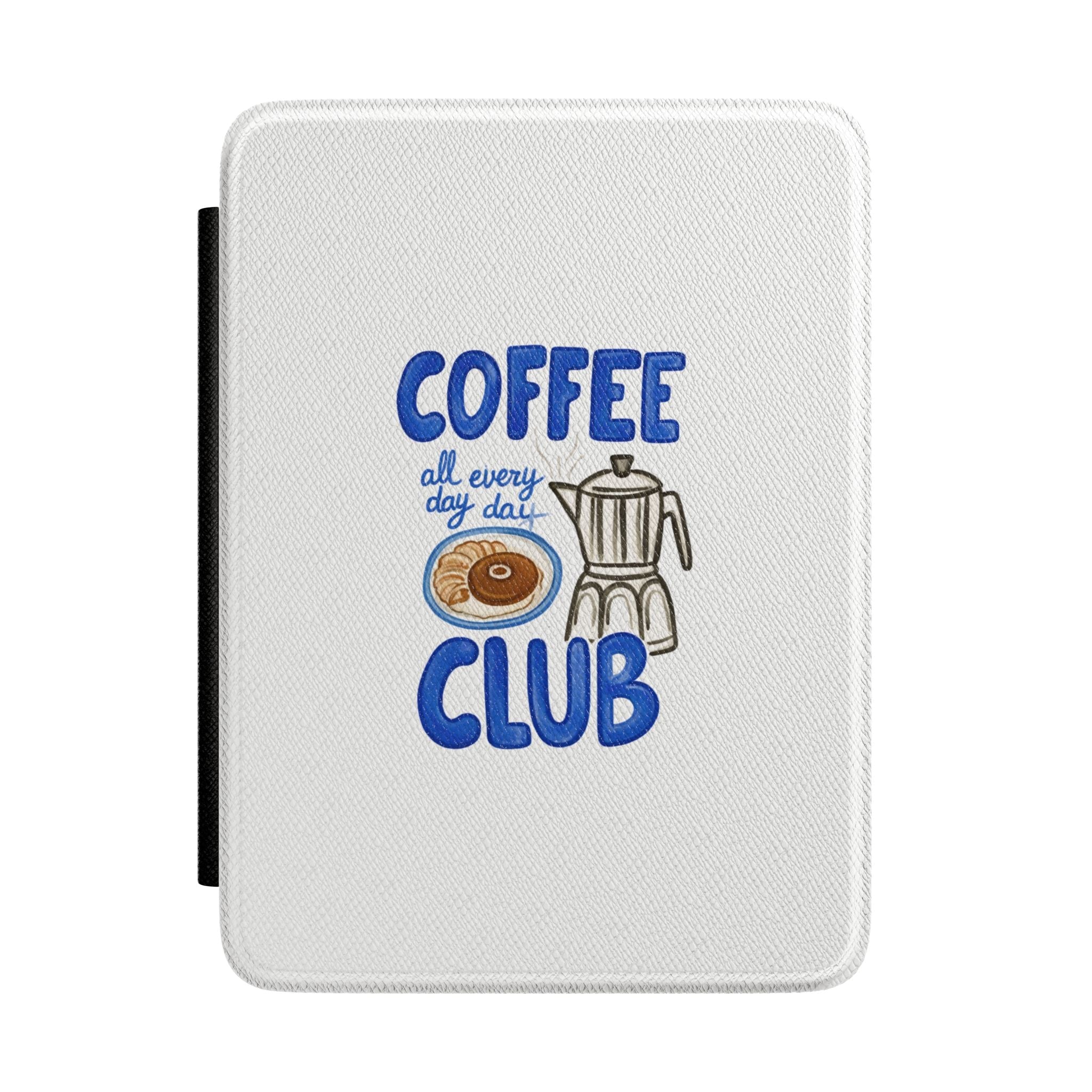 Coffee Club Kindle hardcover case with blue coffee graphic, textured light gray exterior