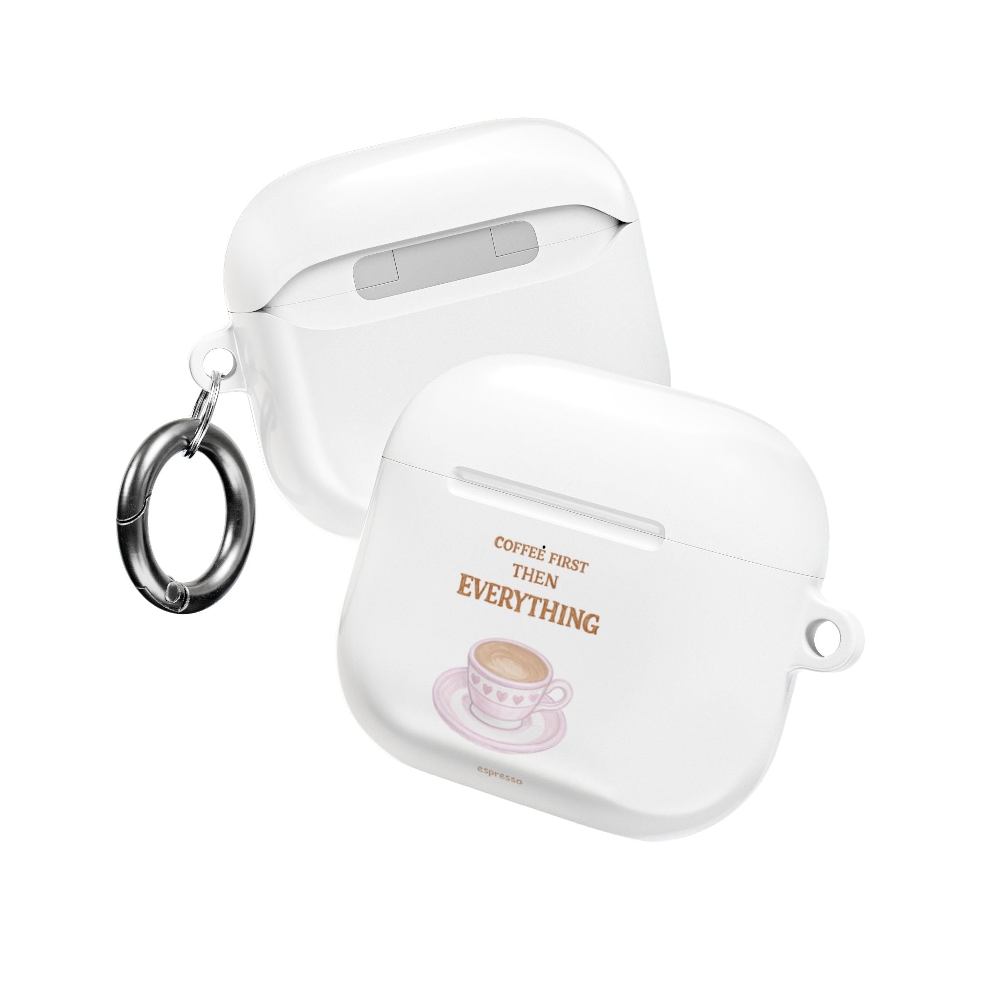 White AirPods case with coffee quote and metal key ring, angled view