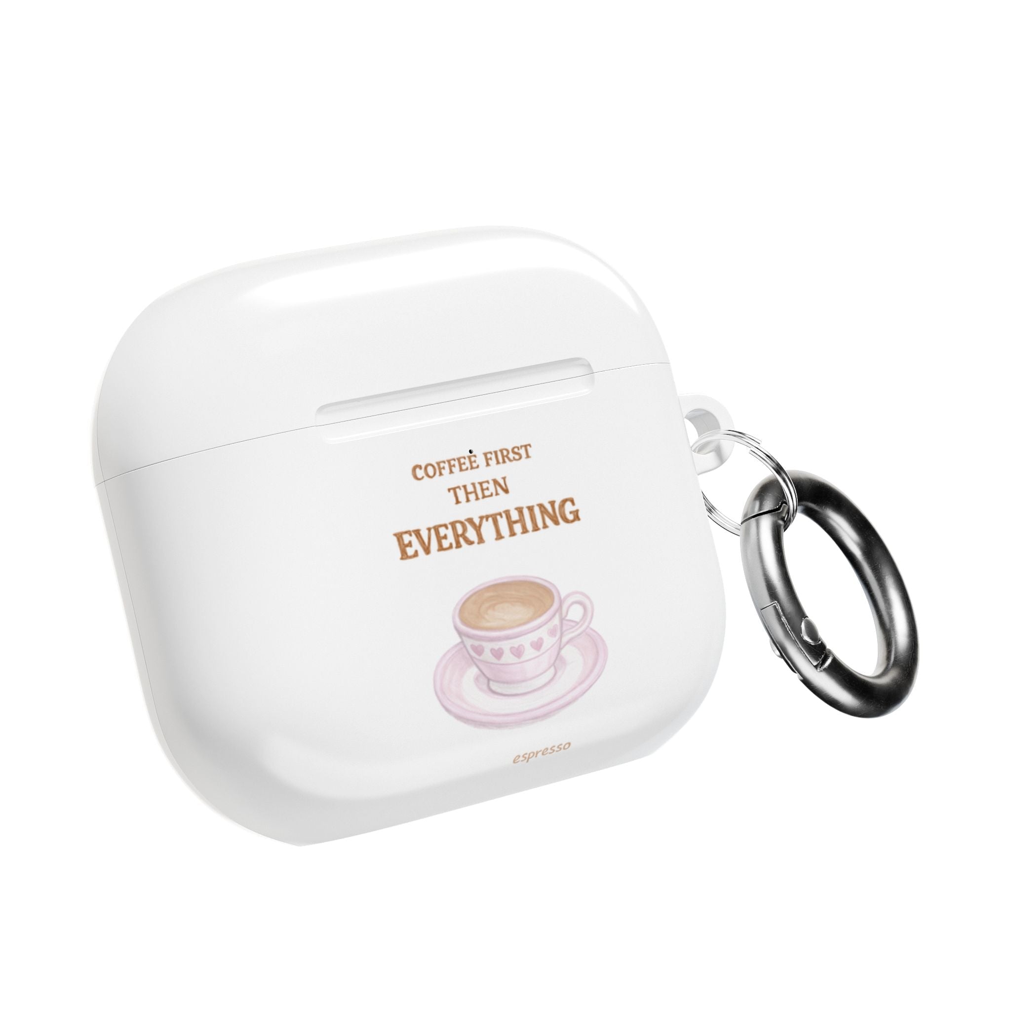 White AirPods case with coffee quote on front and metal key ring on side