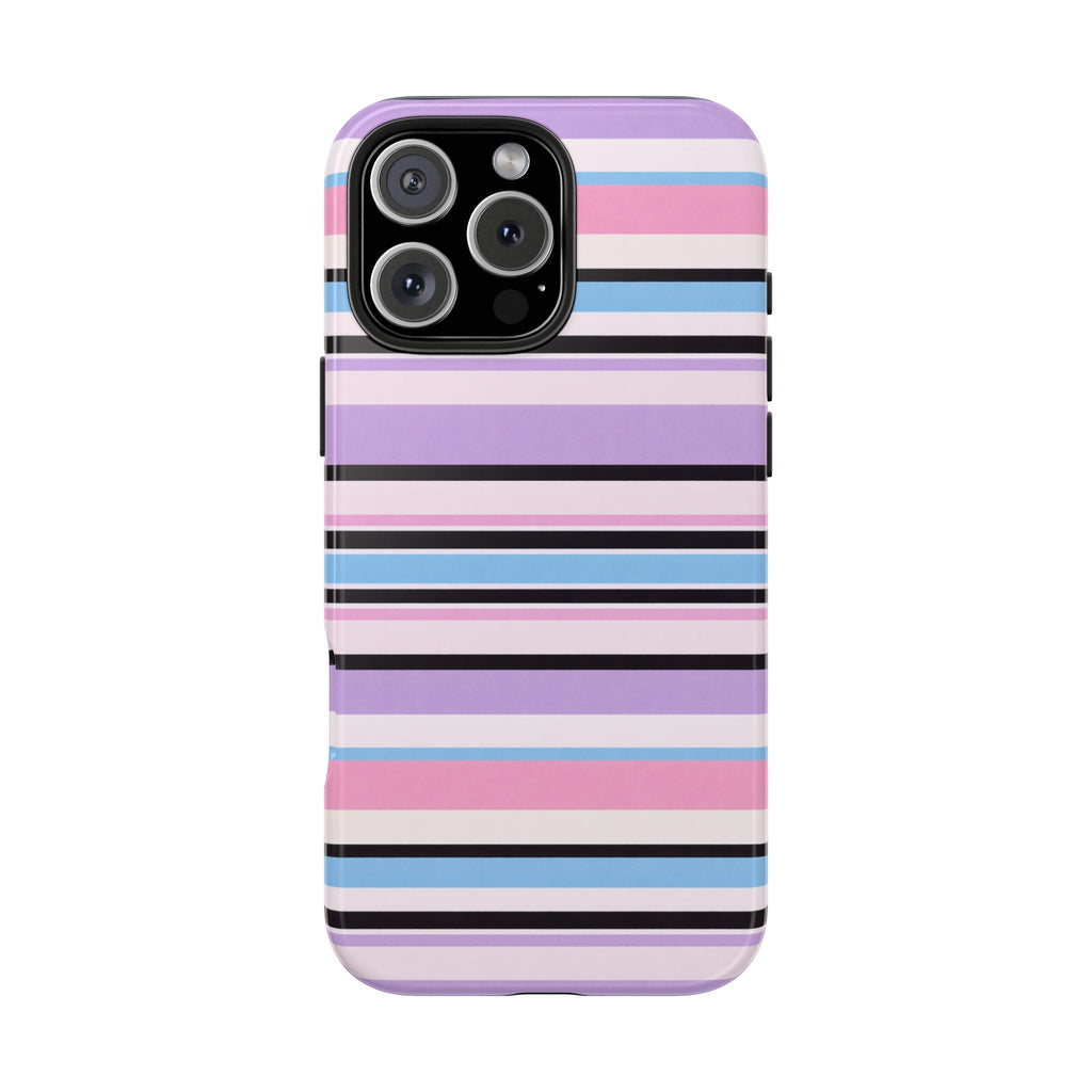 Purple striped phone case with pink and blue bands, black camera cutout