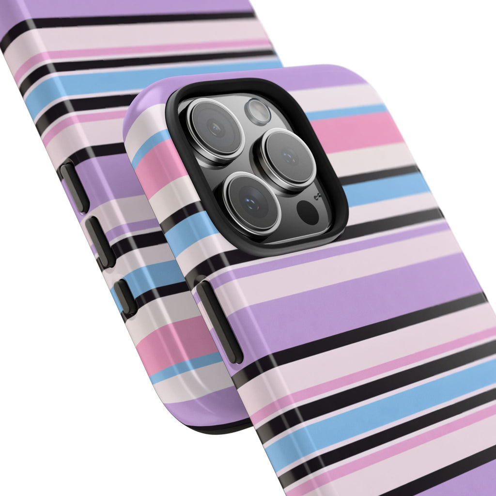 Angled striped phone case showing camera lens cutout, purple/pink/blue bands