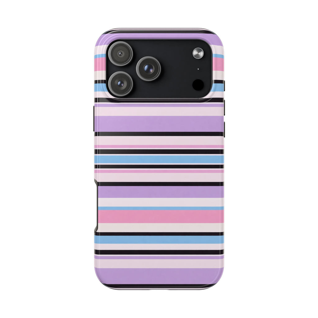 Back view of purple striped phone case with pink and blue bands