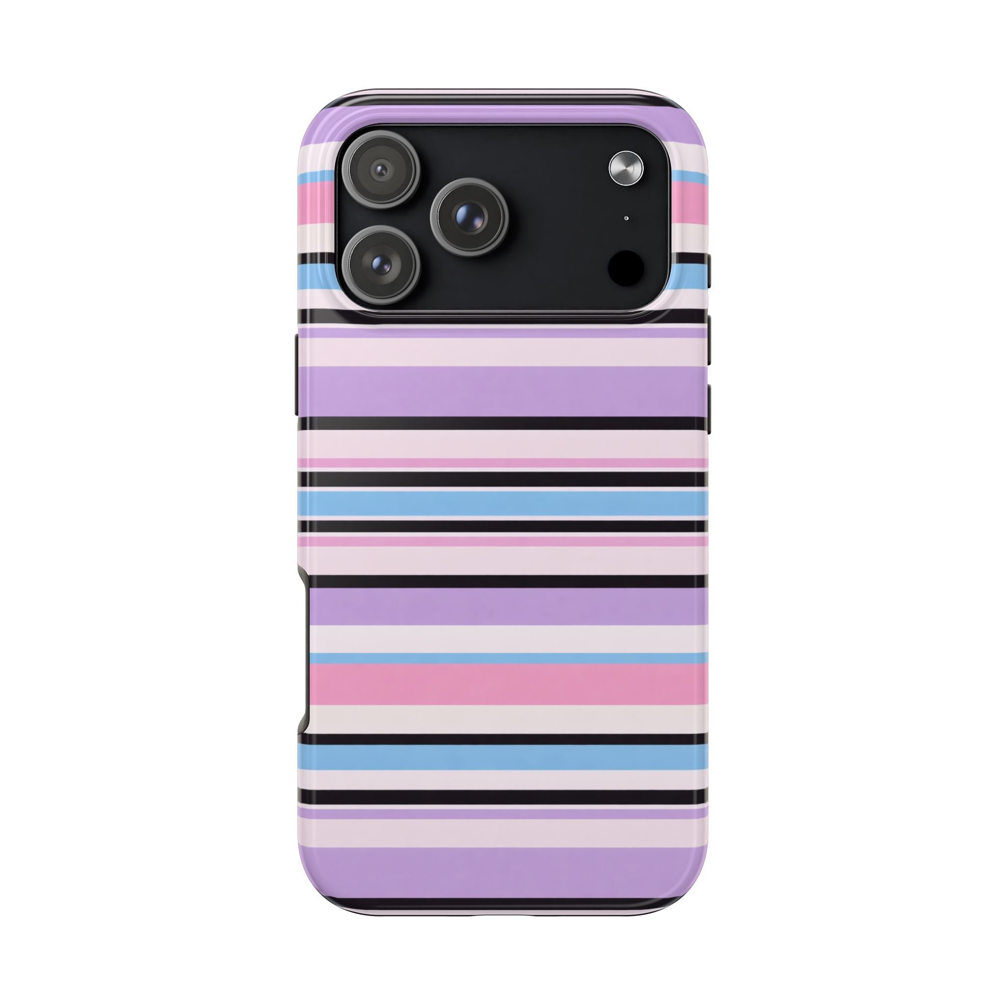 Back view of purple striped phone case with pink and blue bands