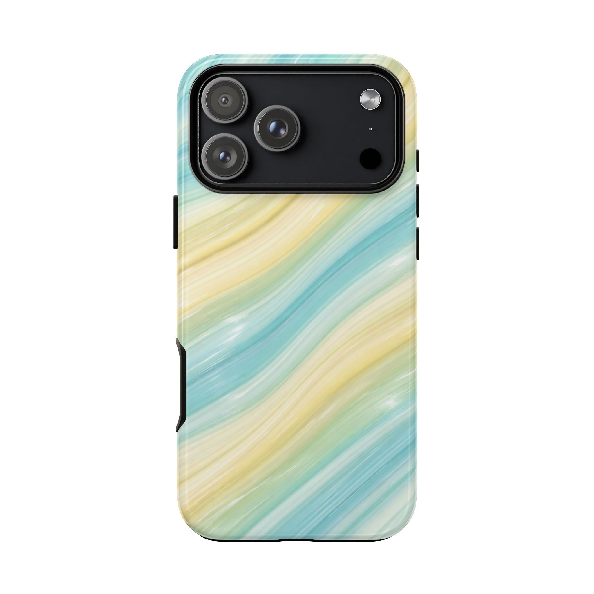 Wavy ocean-striped phone case in aqua and pale yellow, camera housing at top