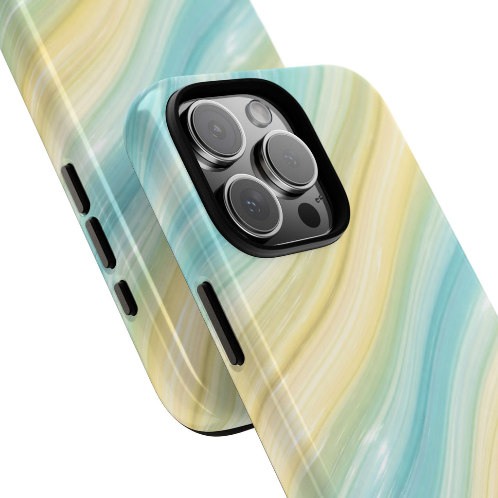 Beach wave phone case pair with aqua and soft yellow diagonal stripes, side button cutouts