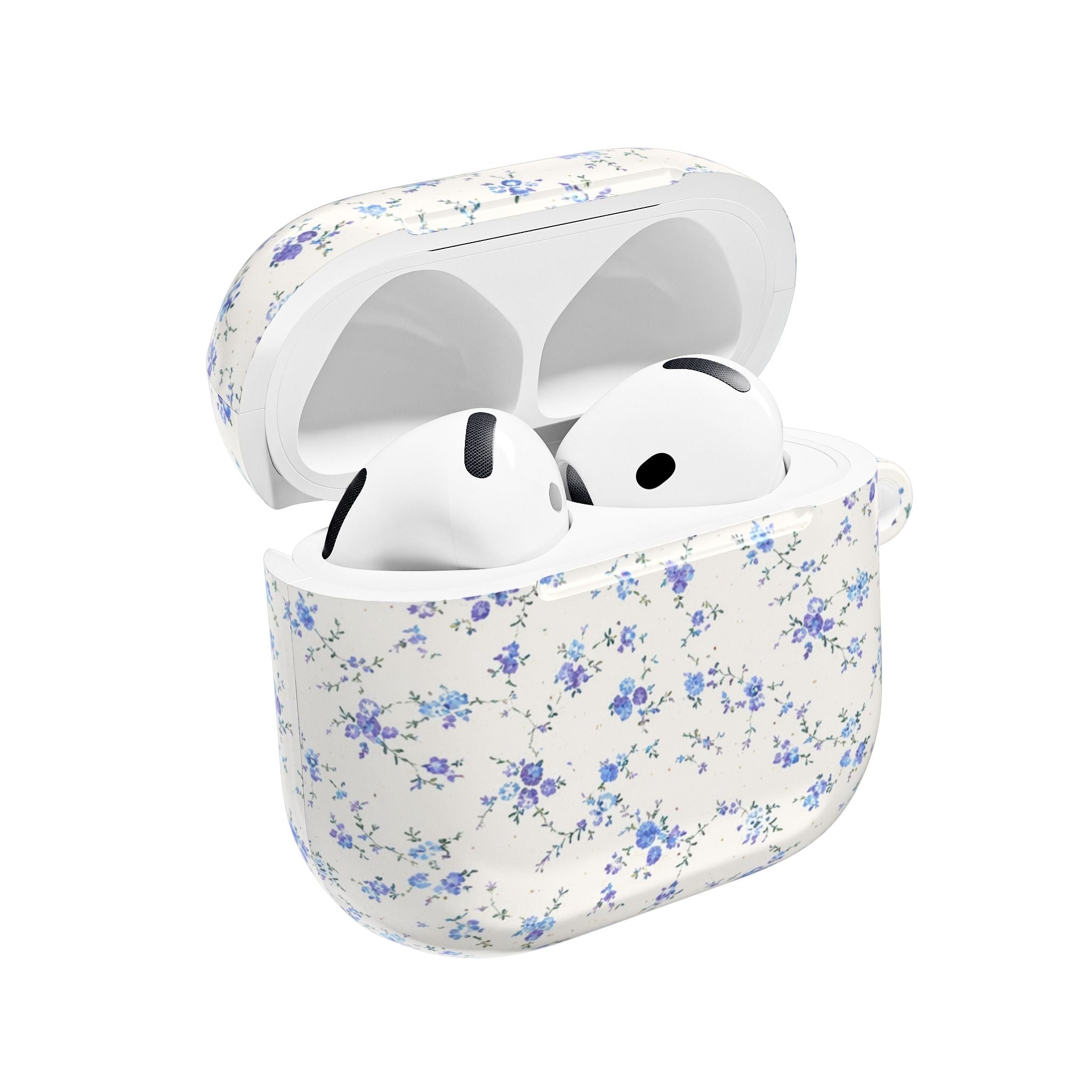 Ditsy blue floral AirPods case with lid open, earbuds inside, white shell
