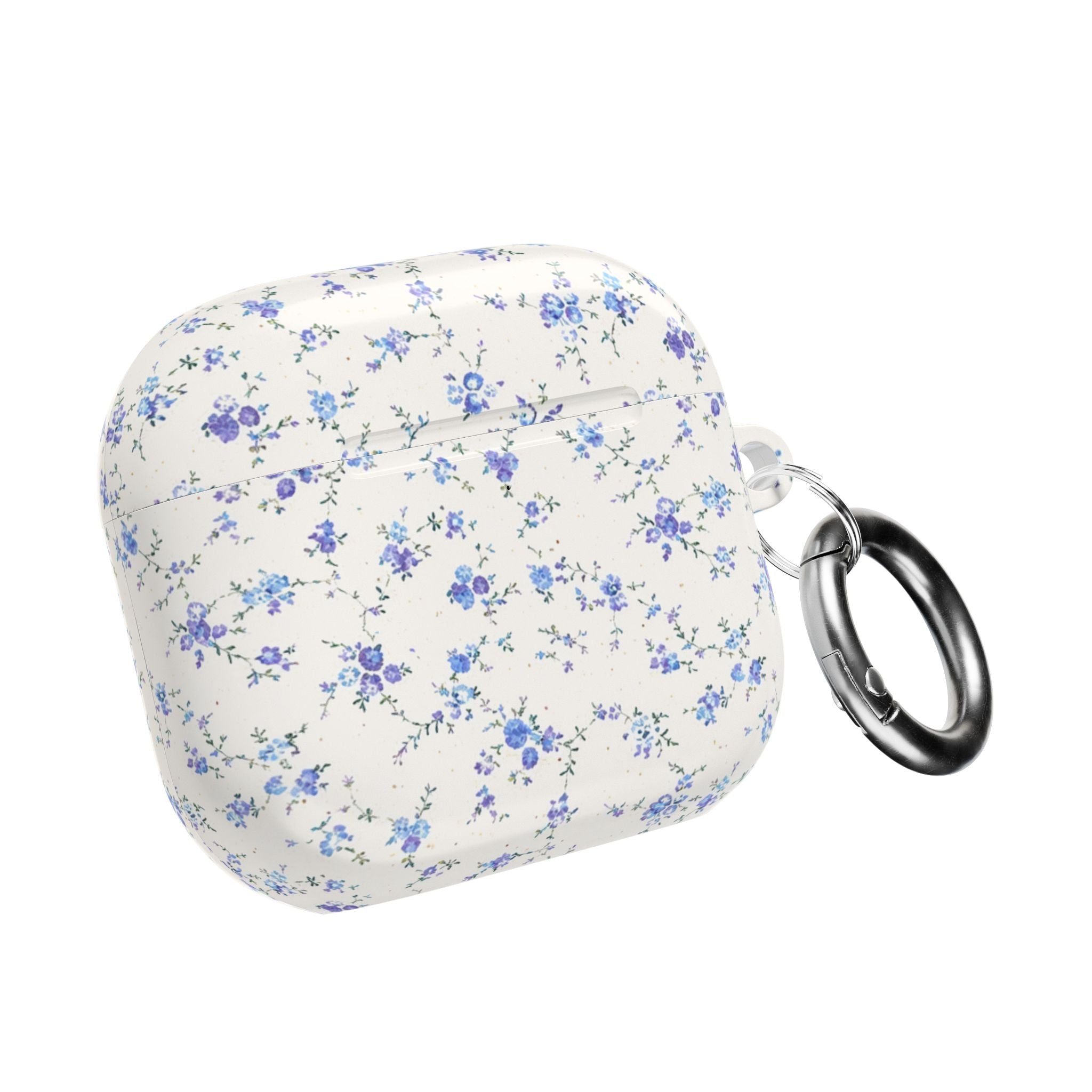Blue ditsy floral AirPods case closed with metal key ring loop on side, white base