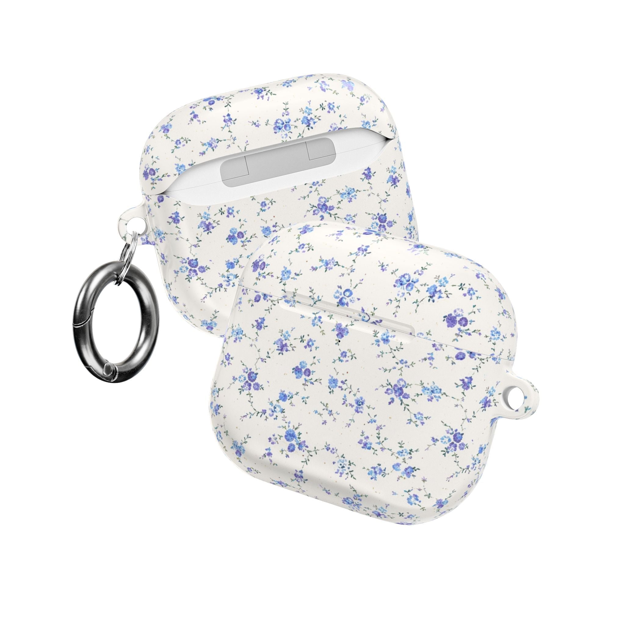 Blue ditsy floral AirPods case with side key ring and hook loop, white shell profile