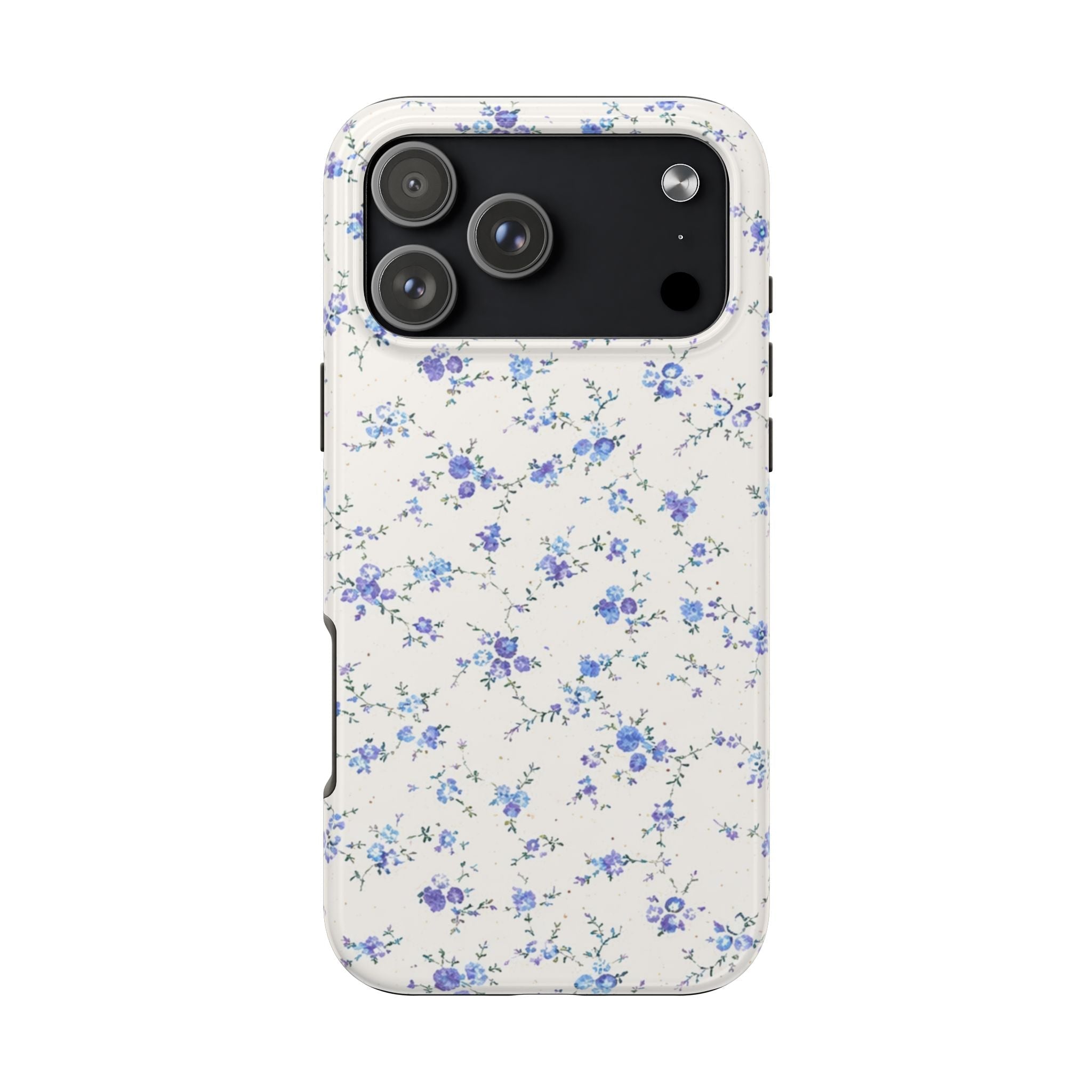 Cream back phone case with scattered blue/purple ditsy florals and camera lens openings