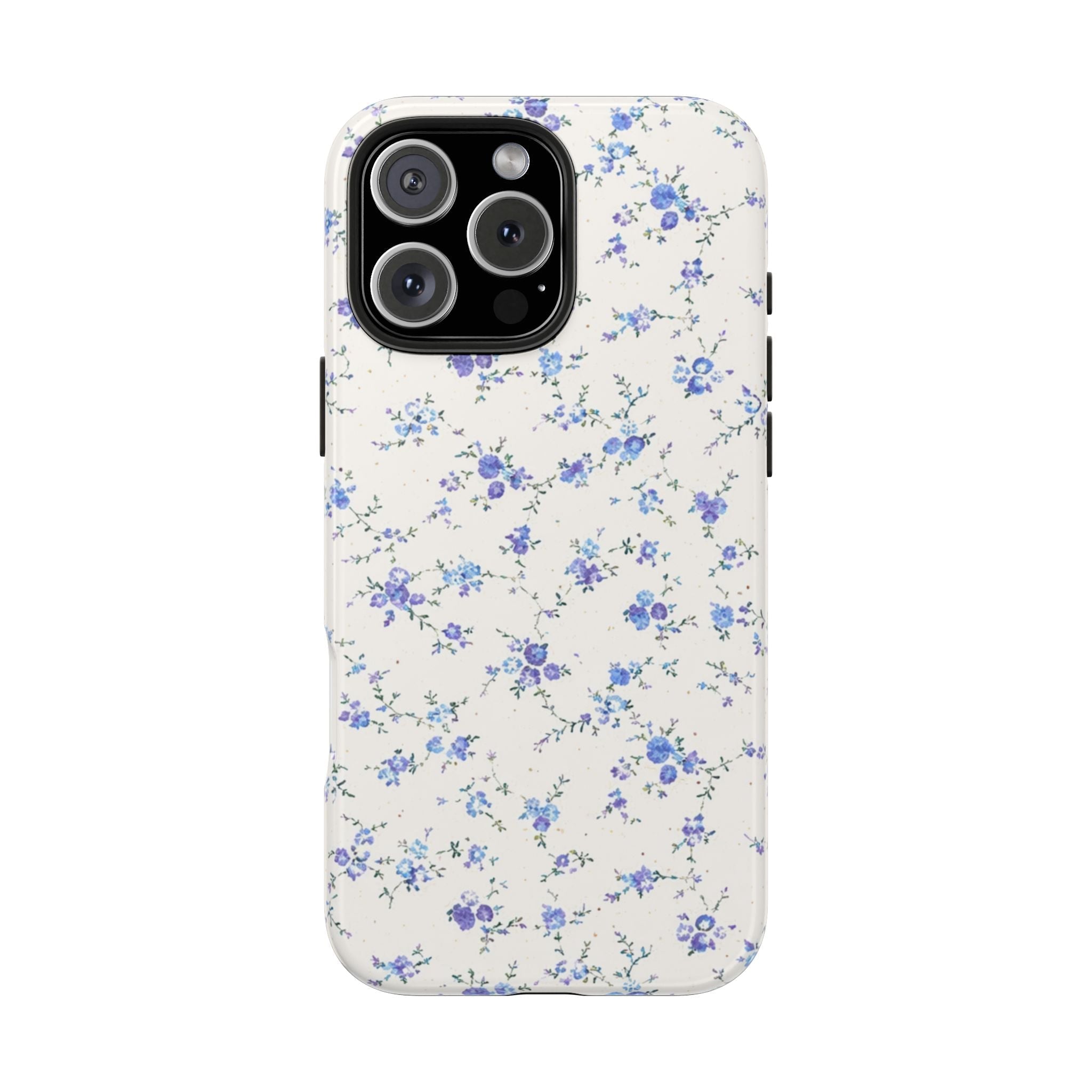 Cream phone case with small blue and purple floral ditsy pattern; raised camera cutouts