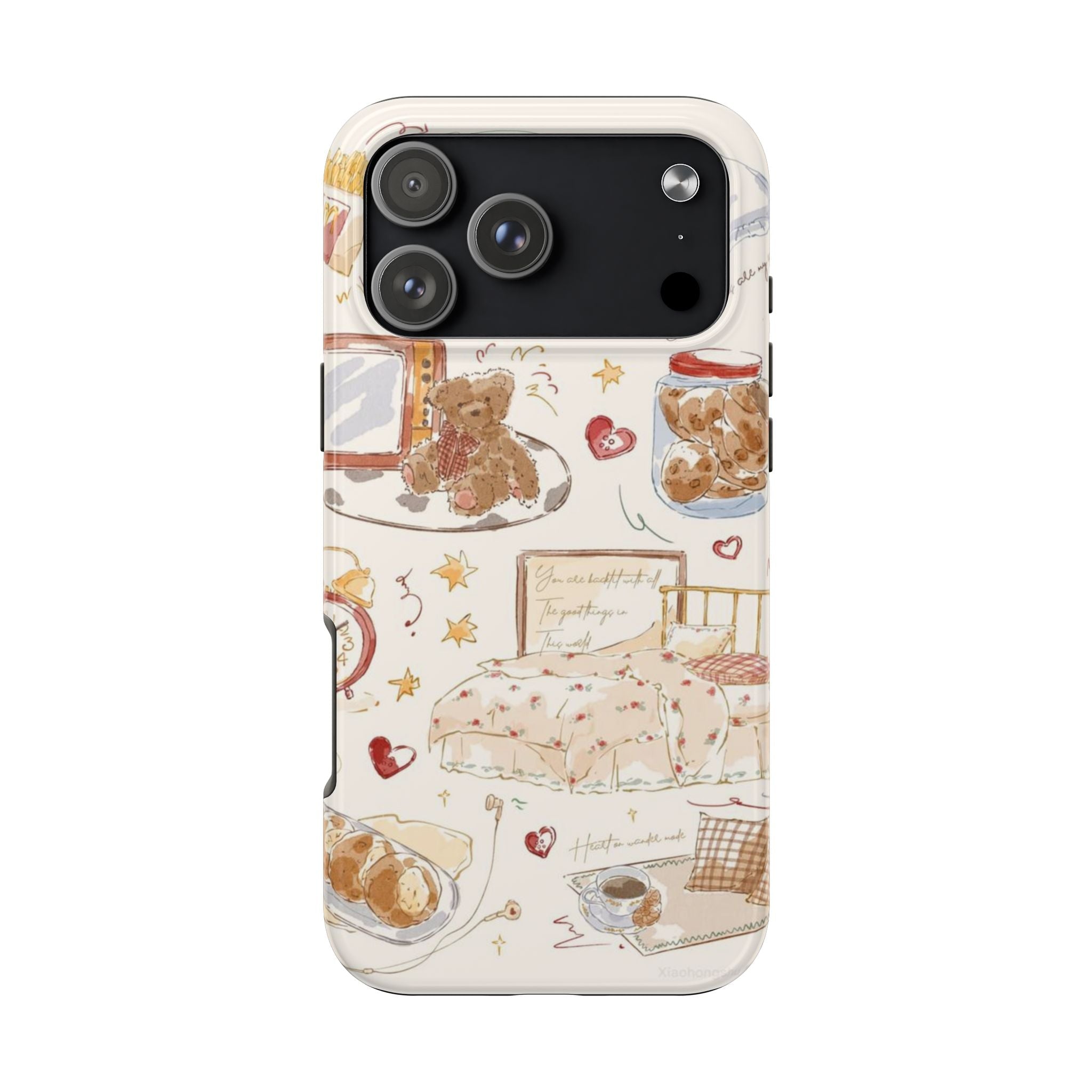 Decorative phone case featuring teddy bear, heart accents, and star doodle pattern